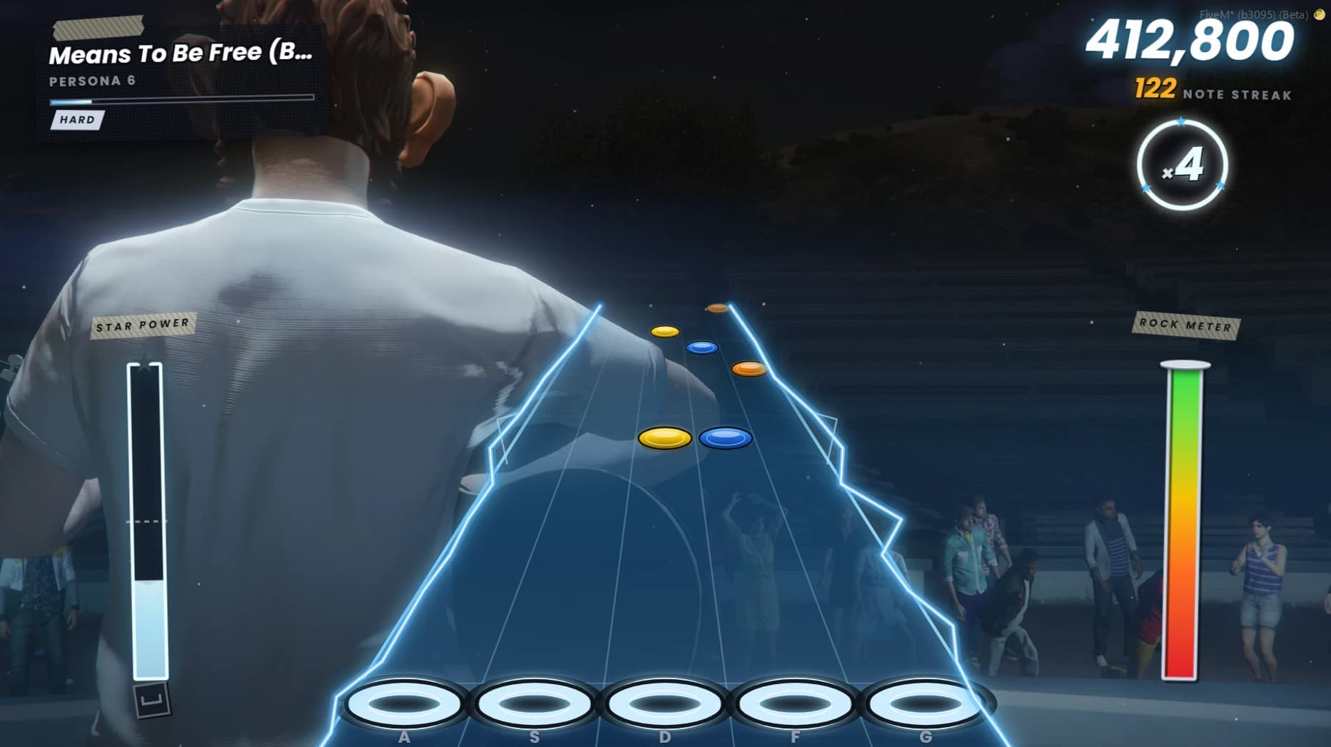  Guitar Pro gameplay with notes falling, the combo counter, and a crowd around the stage
