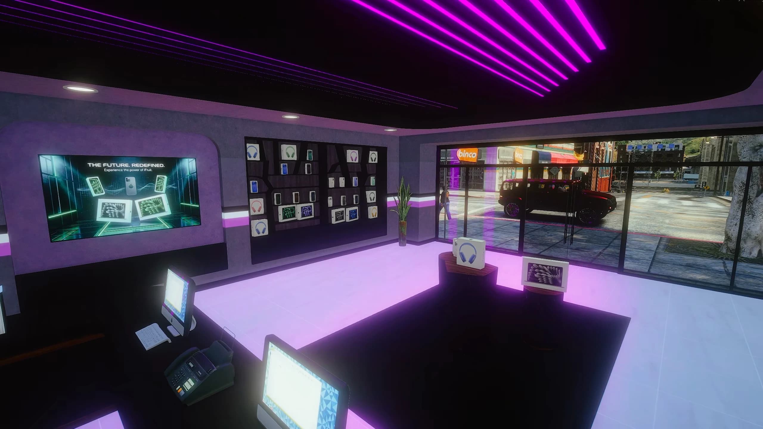 Digital Den electronics store MLO for FiveM with violet LED lighting at night