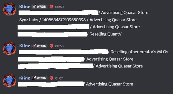 Warden staff posting blacklist entries in Discord showing multiple FiveM stores listed with the published reason "Advertising Quasar Store", including Synz Labs