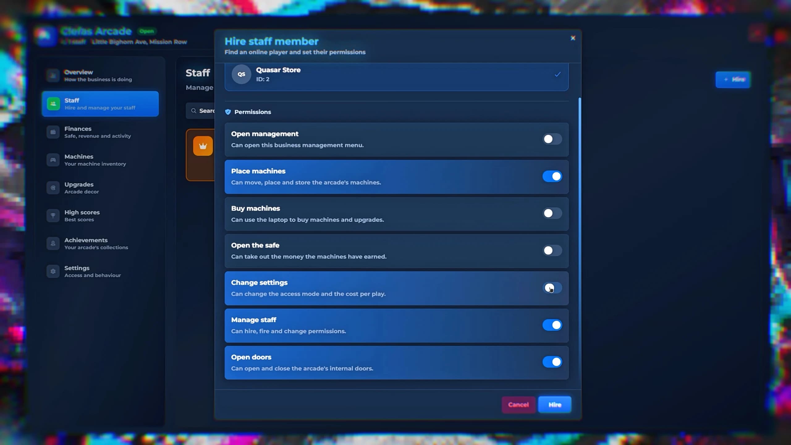 Hiring arcade staff and setting employee permissions in the Quasar Arcade Creator FiveM business script
