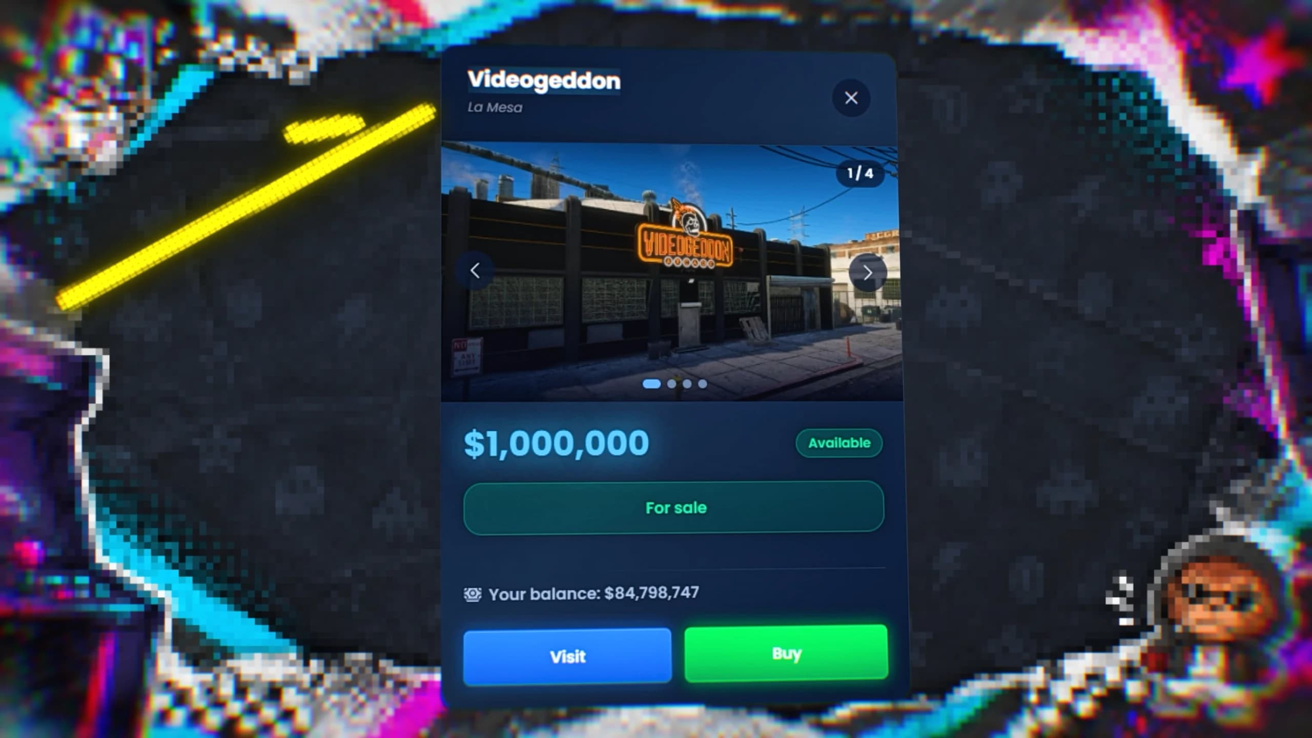 Player buying a FiveM arcade property in GTA V with the Quasar Arcade Creator business script