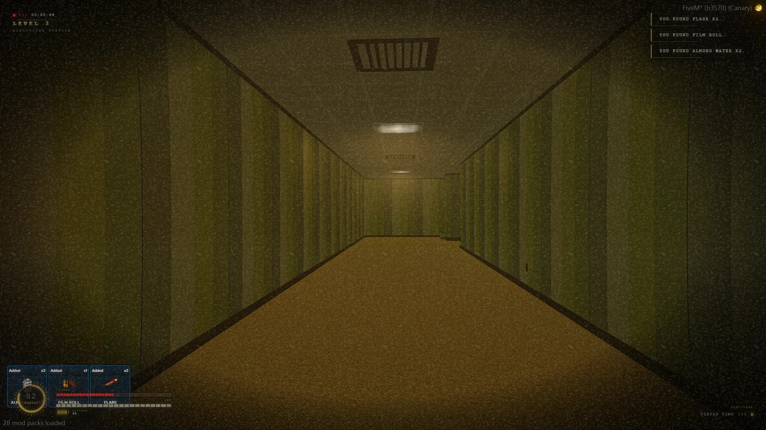 QS Backrooms 2.0 FiveM horror survival script Level 0 yellow hallway with a player holding a flashlight