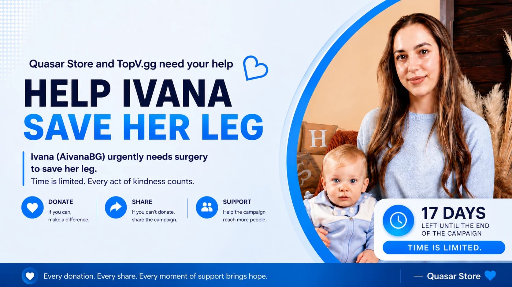 Help Save Ivana charity campaign promoted by Quasar Store and TopV.gg gaming communities to support urgent surgery treatment