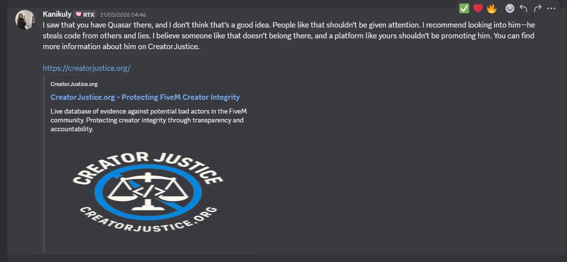 Discord message from RTX Development to TopV founder Ippo claiming Quasar Store steals code and lies, and linking to the anonymous CreatorJustice.org site as evidence