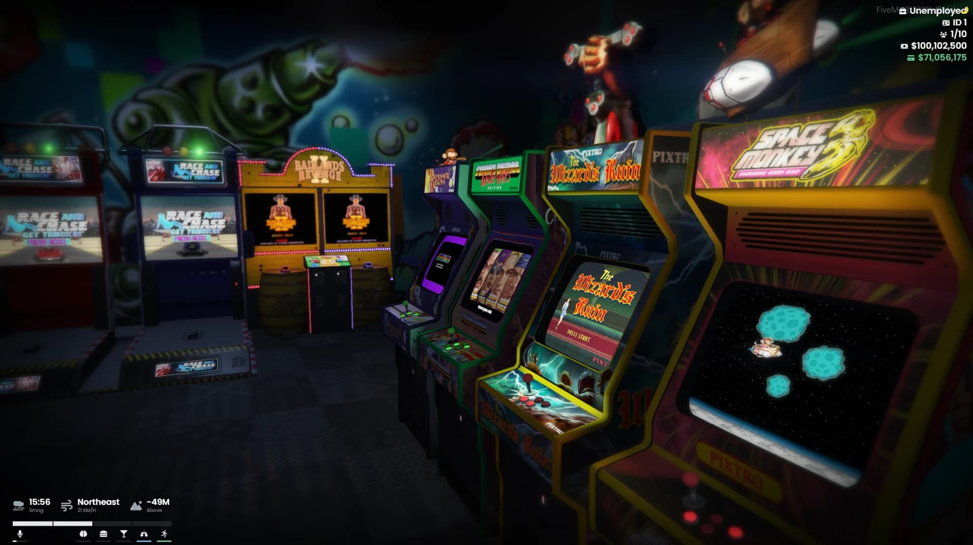 Arcade interior with the cabinets lit up and several players inside