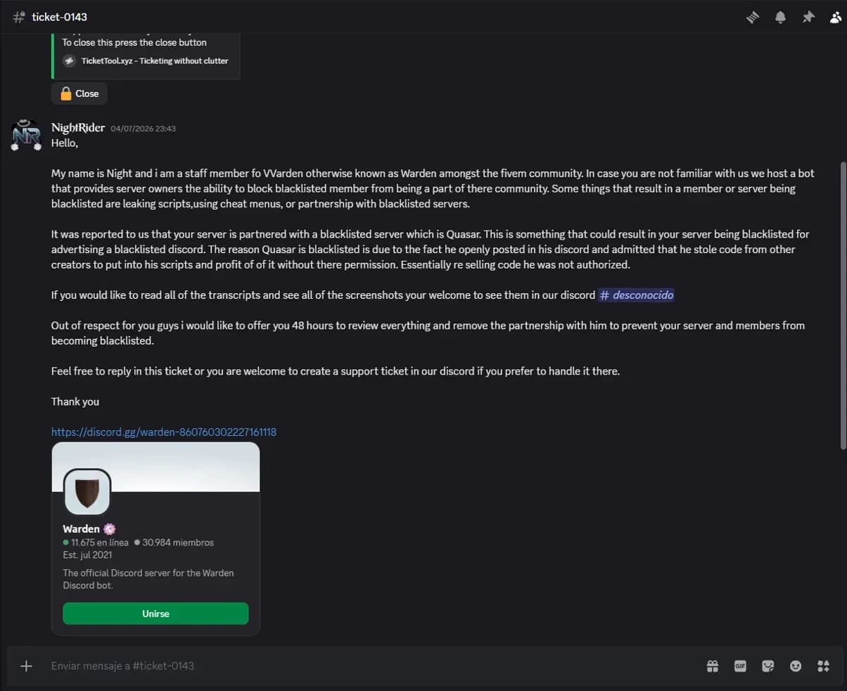 Discord ticket from a Warden staff member telling a FiveM store that Quasar Store is blacklisted for allegedly stealing code, and giving them 48 hours to end the partnership or be blacklisted as well