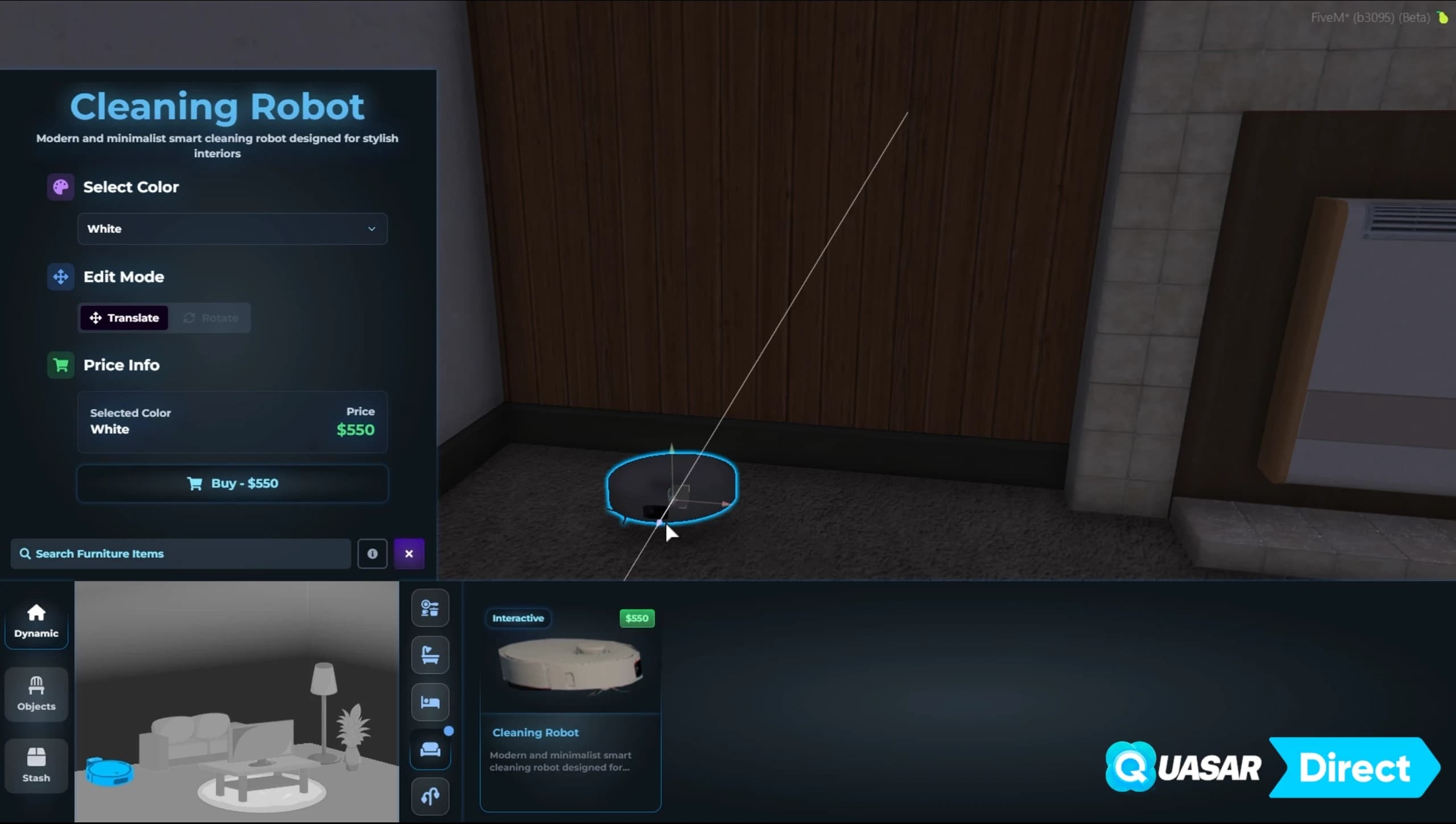 FiveM Apartments 2.0 visual rework with Quasar Housing technology, featuring modern apartment interiors, interactive furniture, cleaning systems, robot vacuum mechanics and immersive property gameplay for ESX, QB, QBCore and QBox roleplay servers.