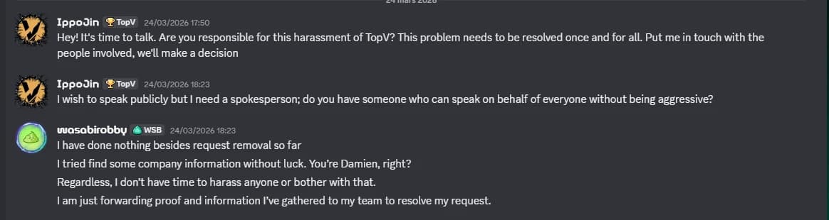 Discord exchange where TopV founder Ippo asks who is responsible for the harassment campaign against his platform, and receives a reply mentioning attempts to look up his company information and his real first name