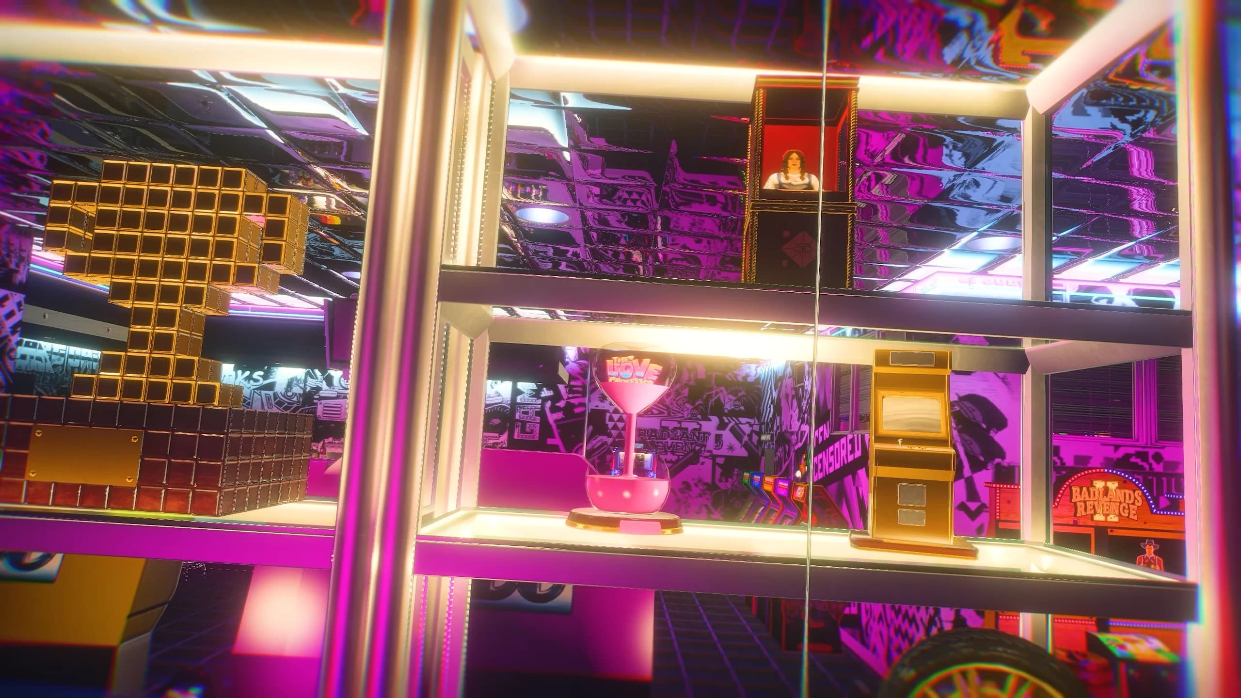 Exterior entrance of a FiveM arcade at night with a neon sign, built with Quasar Arcade Creator for QBCore and ESX