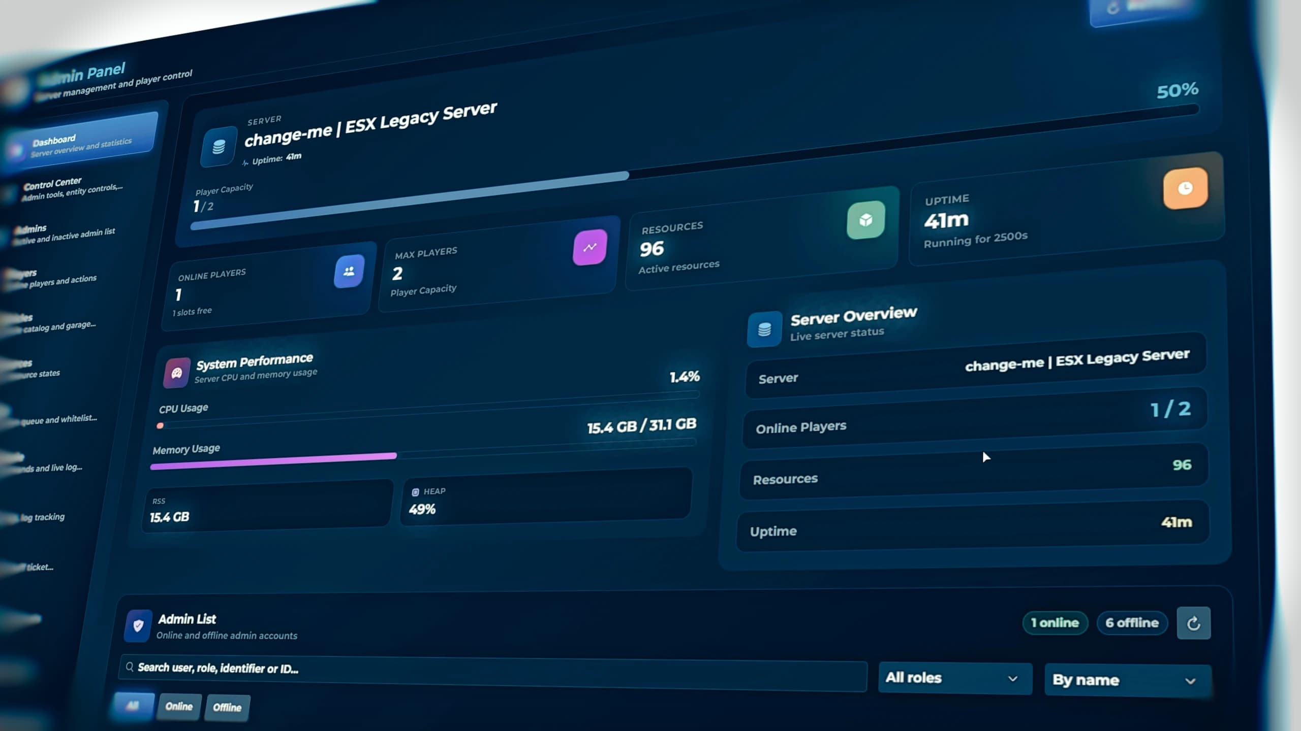 Quasar Admin Menu V2 dashboard interface for FiveM server administration with ESX, QBCore and Qbox support showing the best FiveM admin menu in 2026