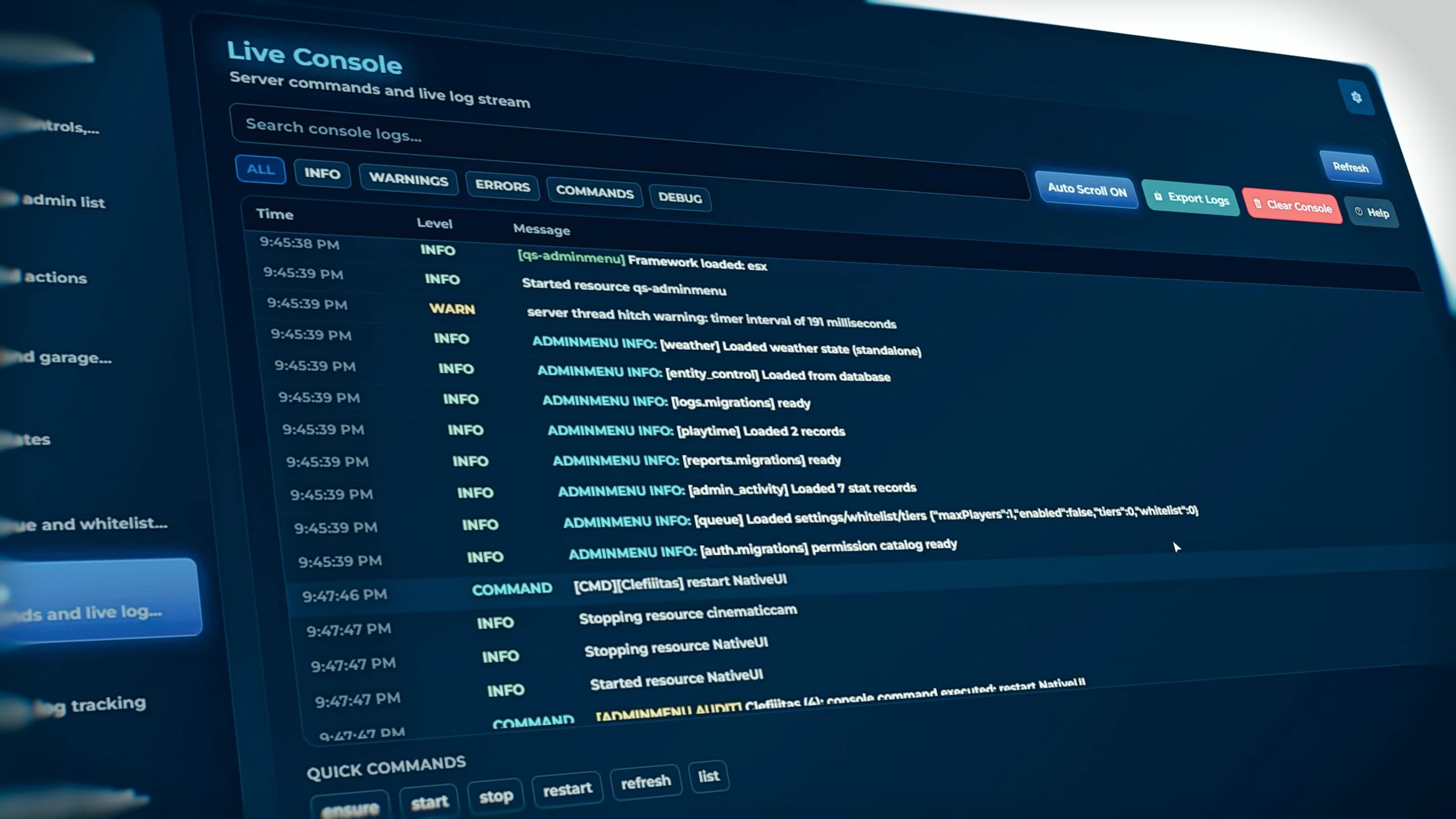 Real-time FiveM server monitoring dashboard inside Quasar Admin Menu V2 displaying player information and server statistics