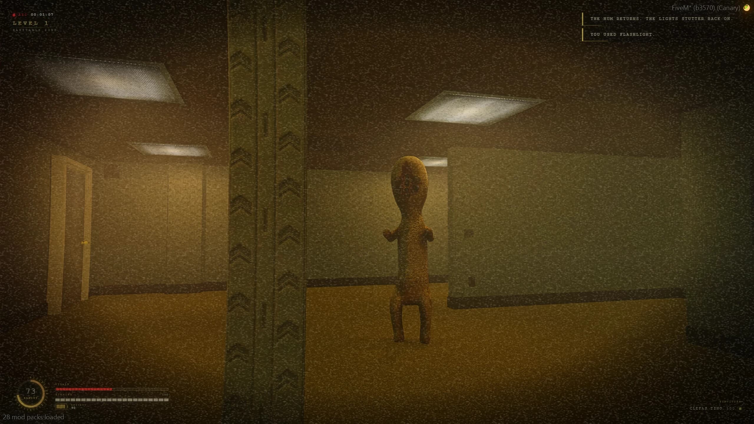 Four players in co-op escaping an entity in Level X of the Backrooms 2.0 FiveM horror script