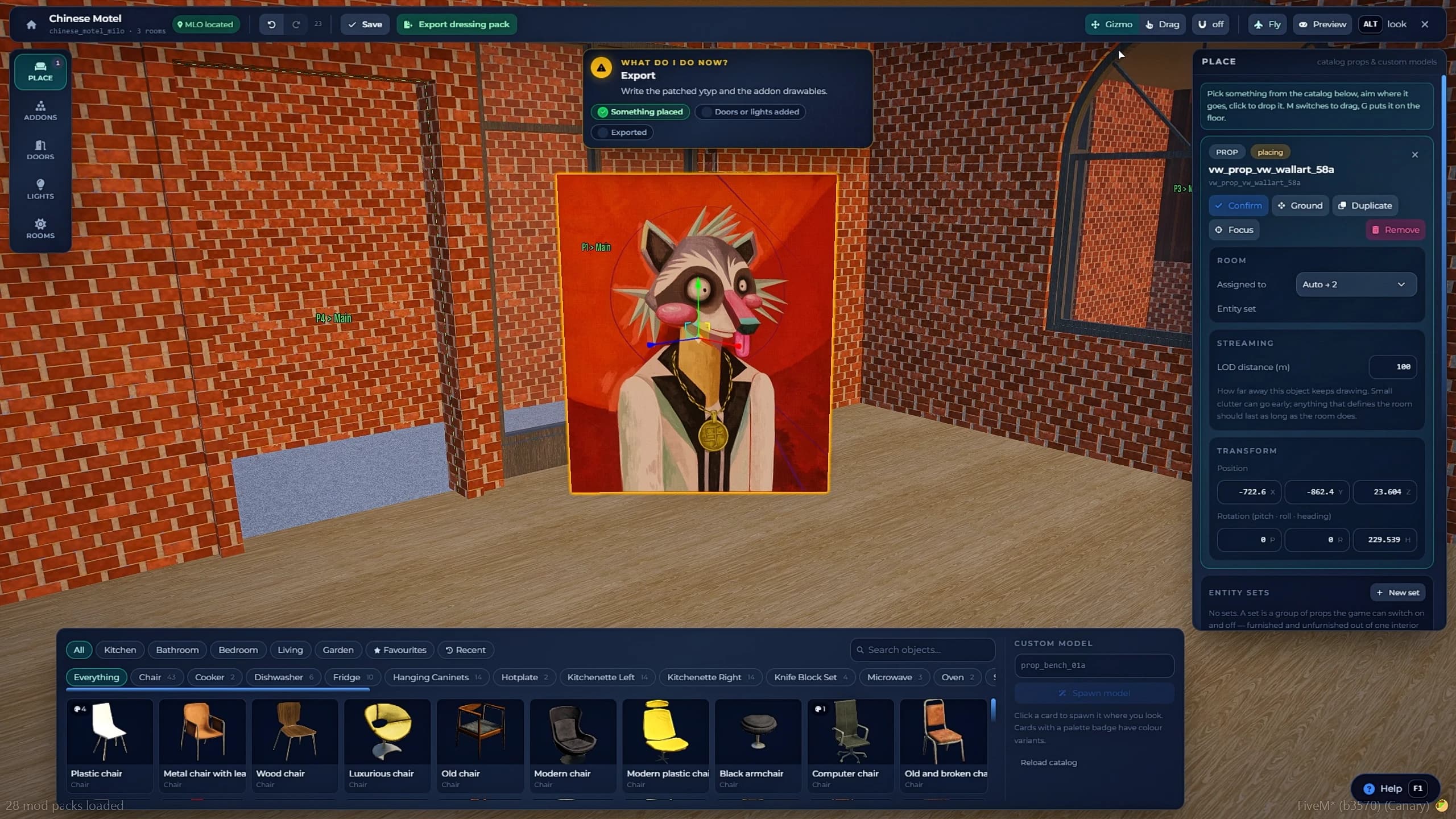 Furnishing an existing FiveM MLO with props, doors and lights using the in-game MLO Editor gizmo