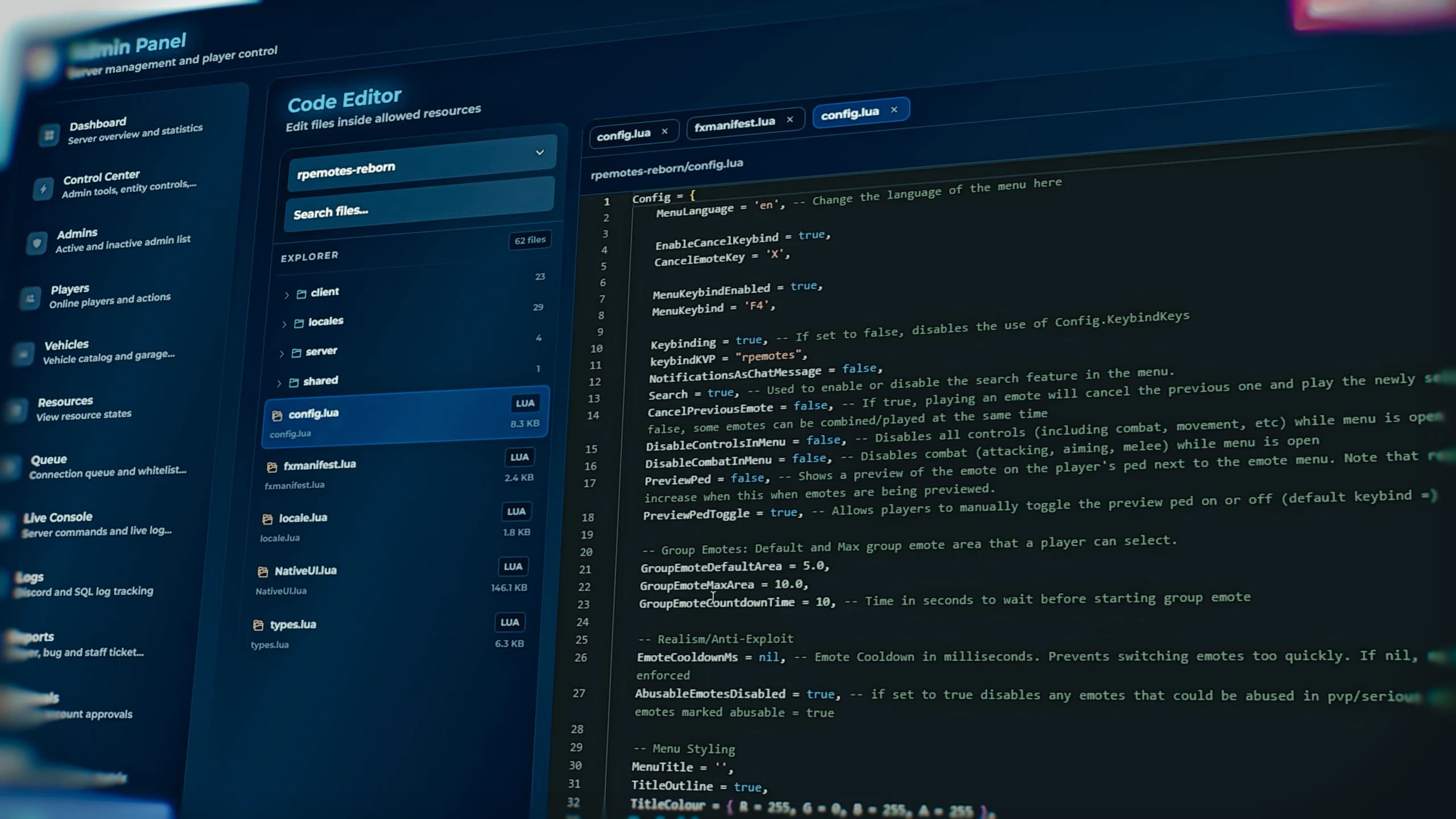 Modern FiveM admin menu interface with clean dashboard, fast navigation and professional design inside Quasar Admin Menu V2