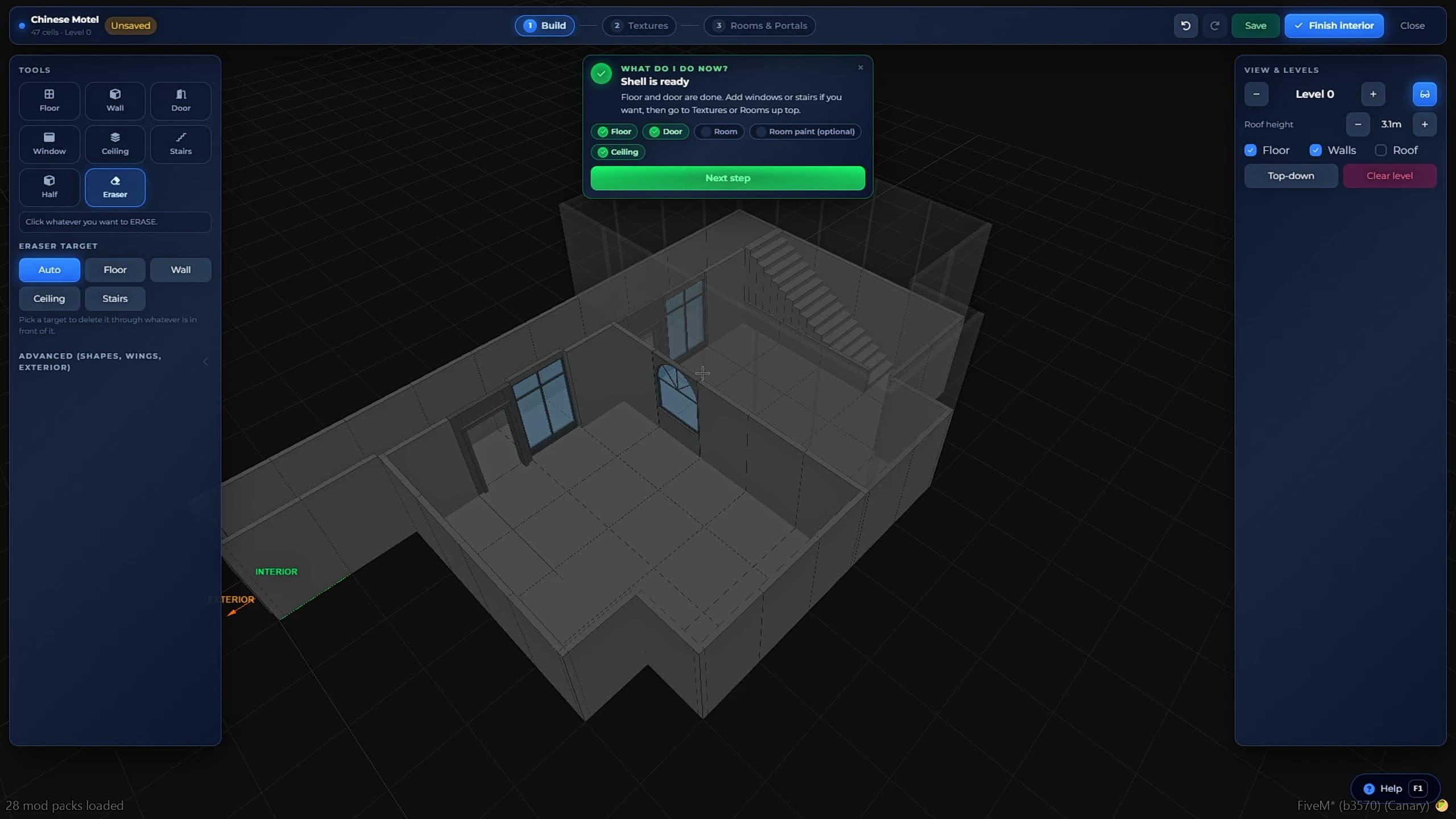 FiveM MLO Creator studio panel open in-game showing the mapping tools of qs-mlocreator