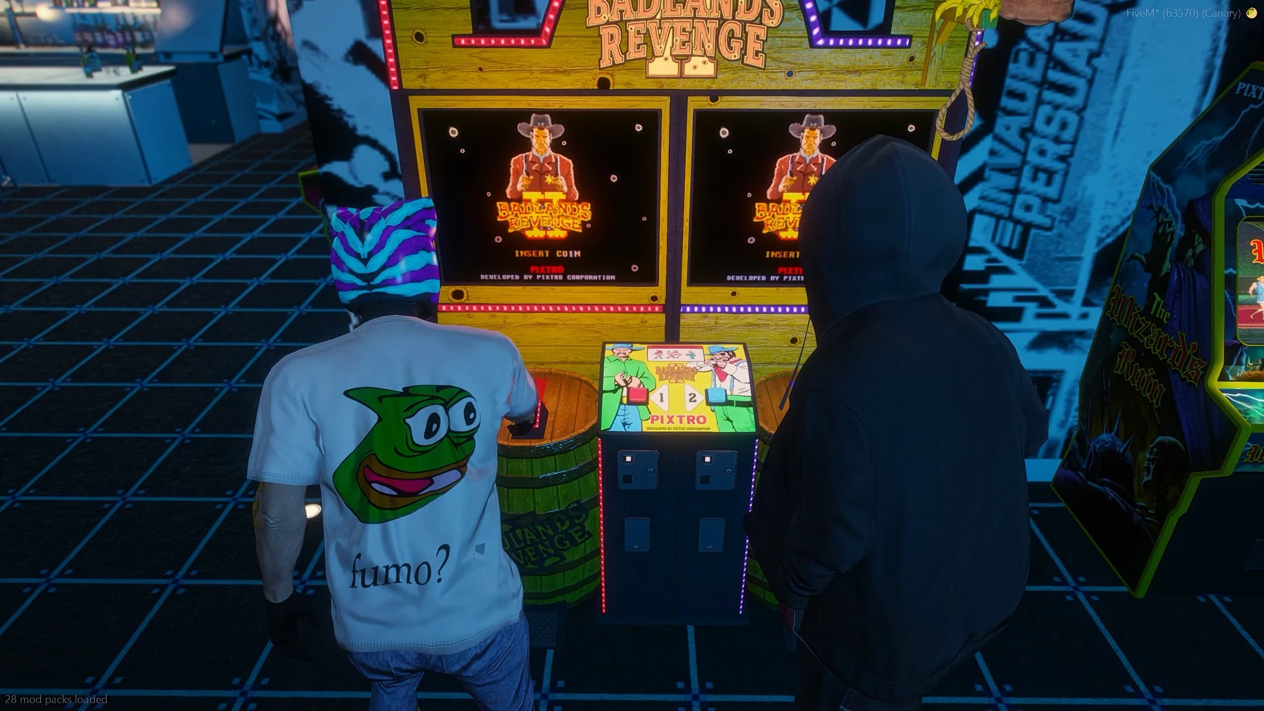 Two players competing head to head on the Street Crimes native GTA V arcade cabinet in a FiveM arcade