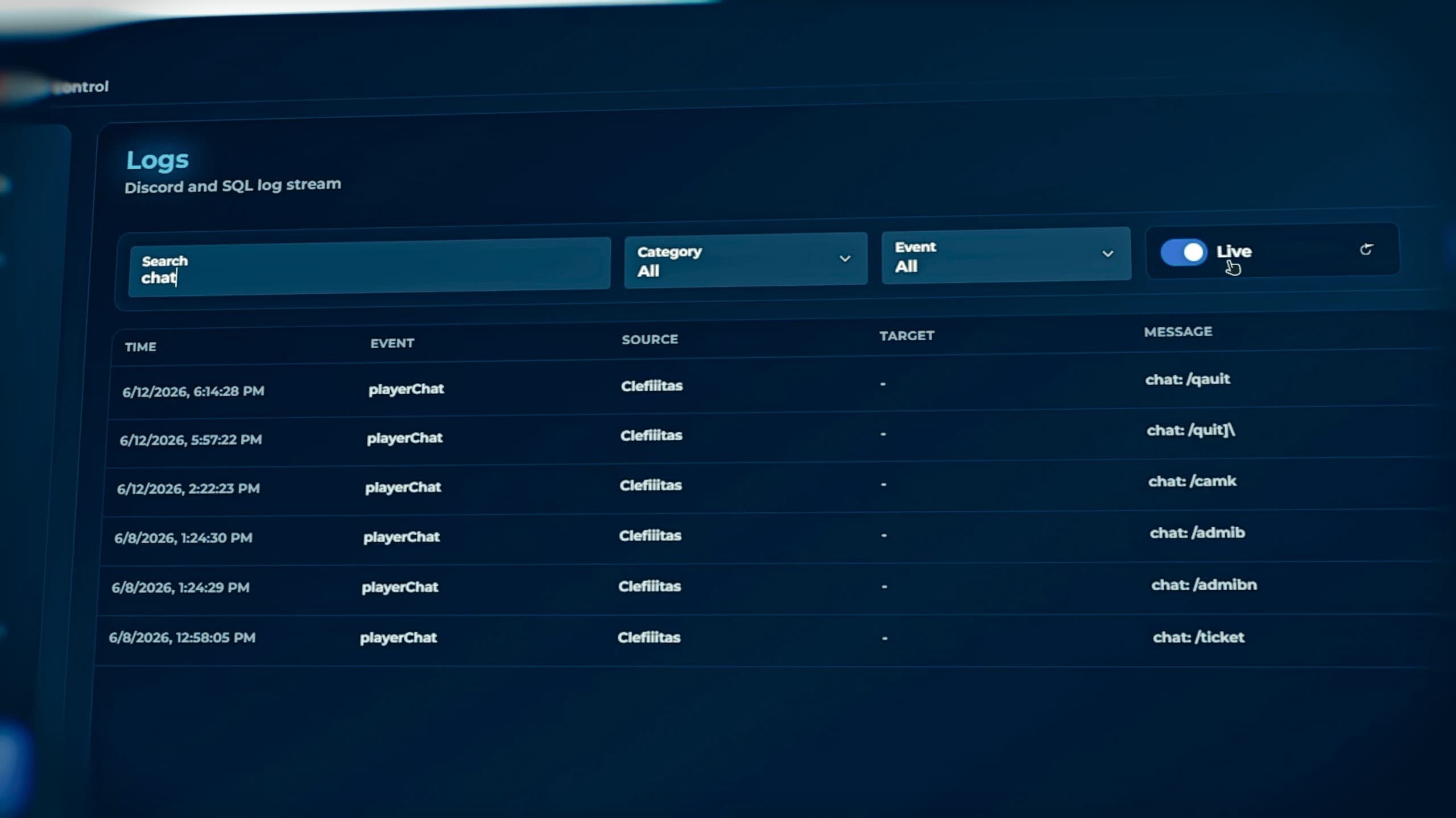 FiveM admin logs interface displaying moderation history and administrative activity inside Quasar Admin Menu V2