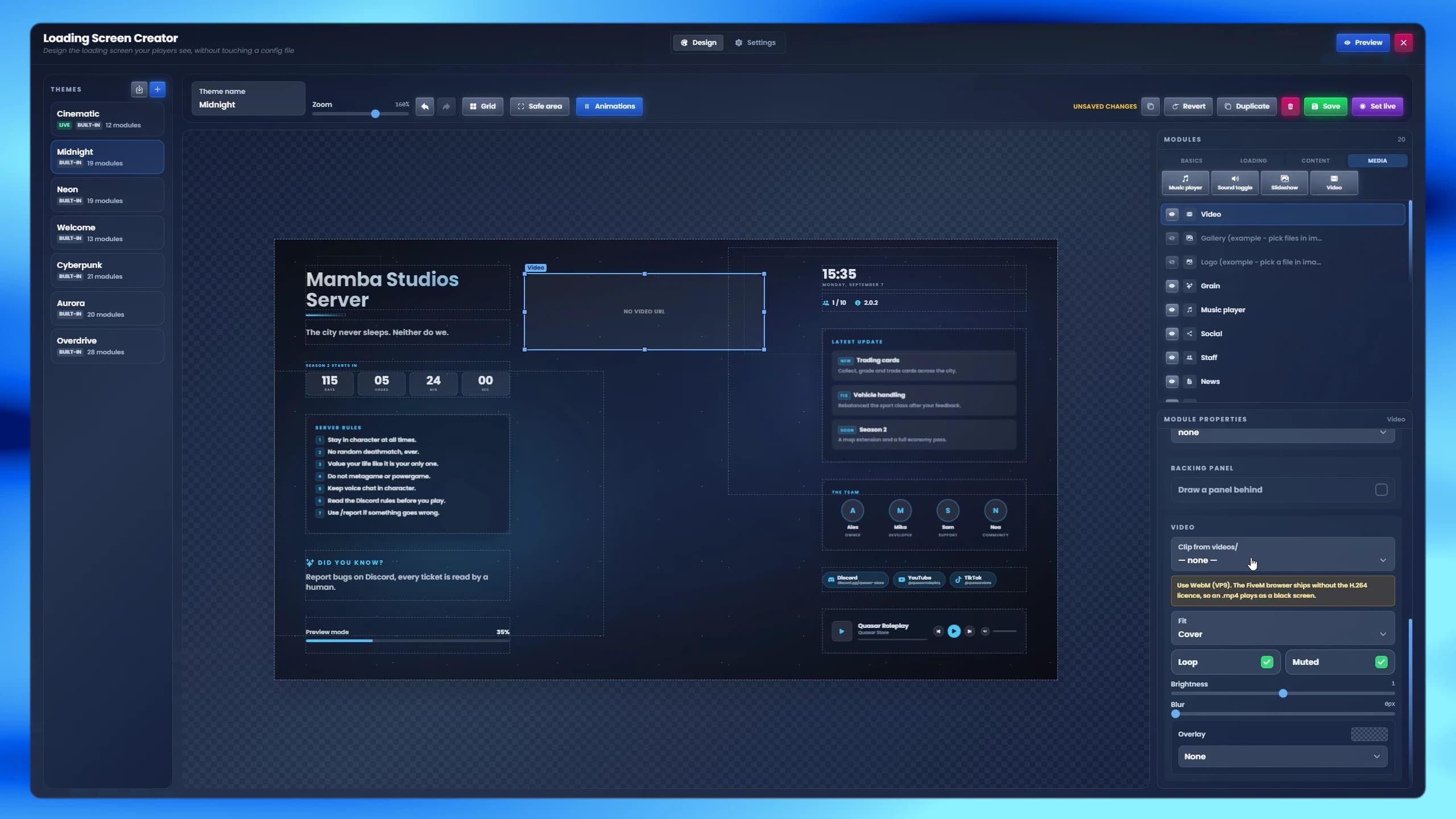 Free Quasar Loading Screen Creator FiveM visual editor designing a custom loading screen without code