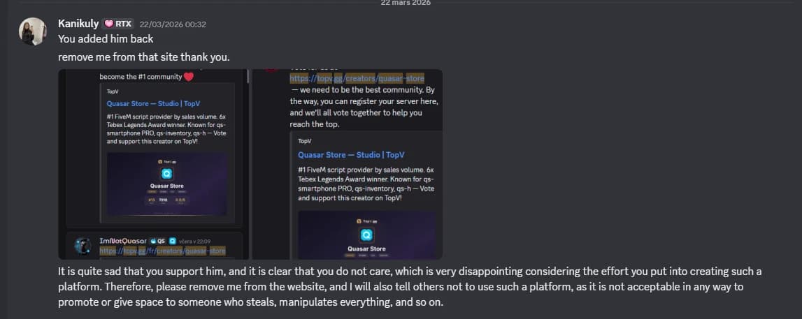 Follow-up Discord message to TopV after Quasar Store's listing was restored, demanding removal from the platform and stating that others will be told not to use it