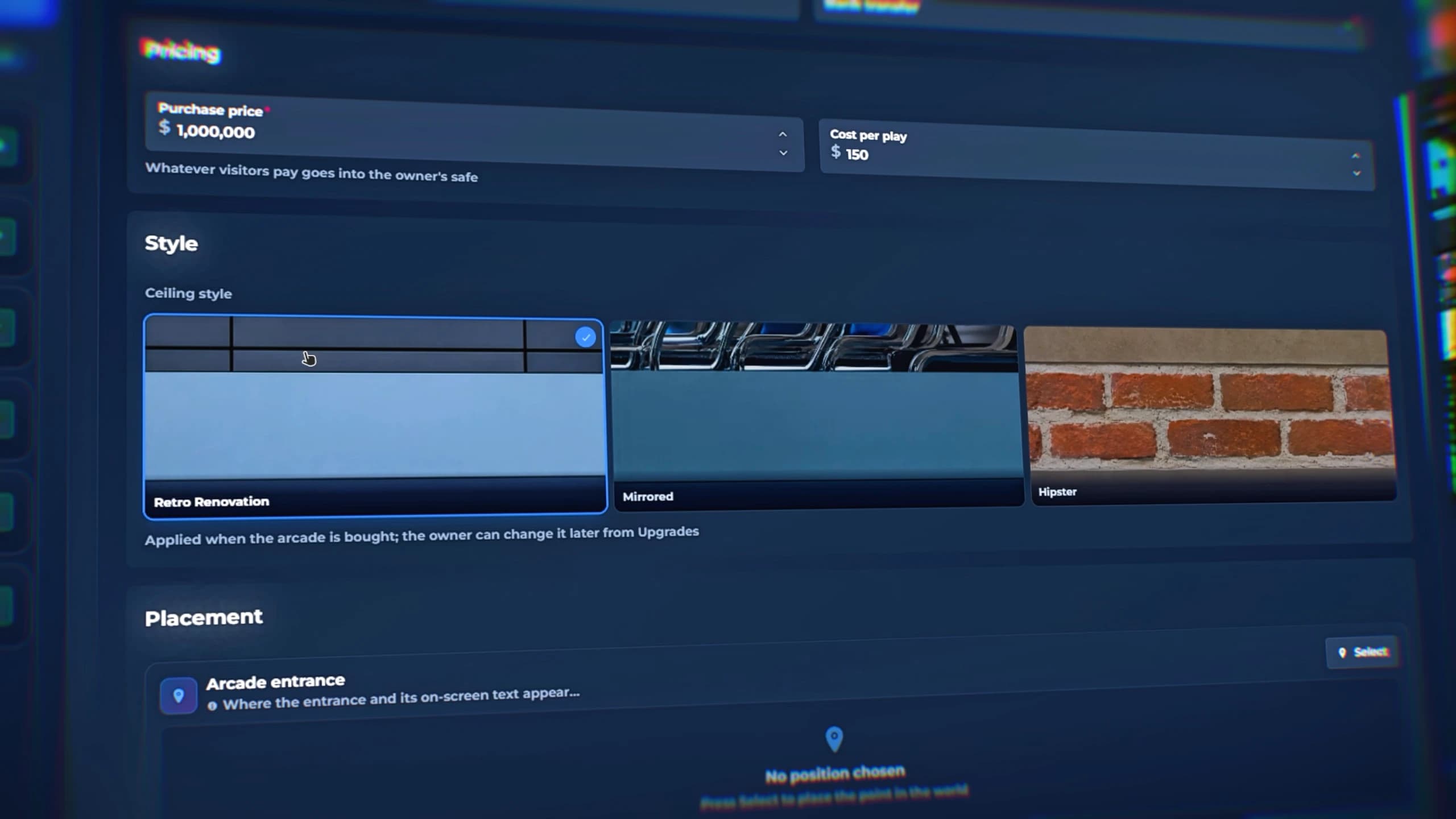 FiveM arcade creator menu setting the arcade name, purchase price and ceiling style in game