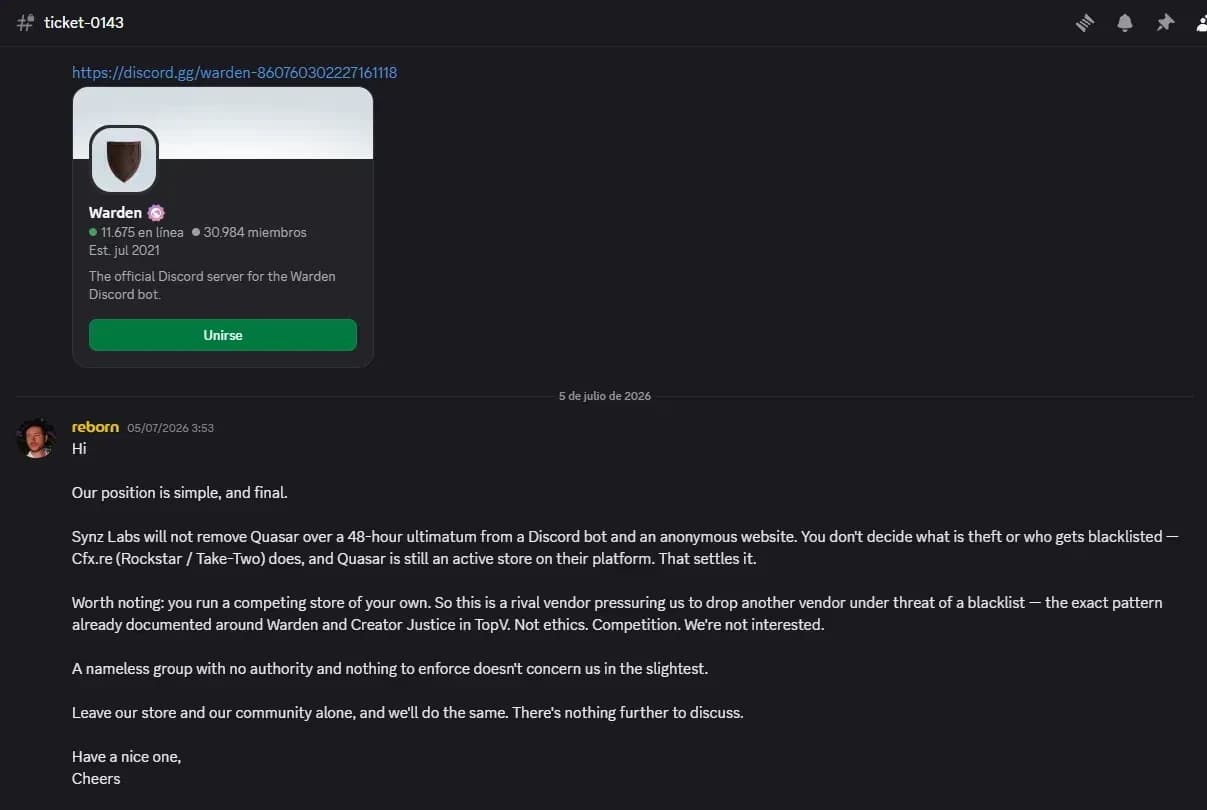 SynzLabs founder Reborn replying to Warden's 48-hour ultimatum, refusing to drop Quasar Store as a partner and noting that Cfx.re, not a Discord bot, determines what counts as theft