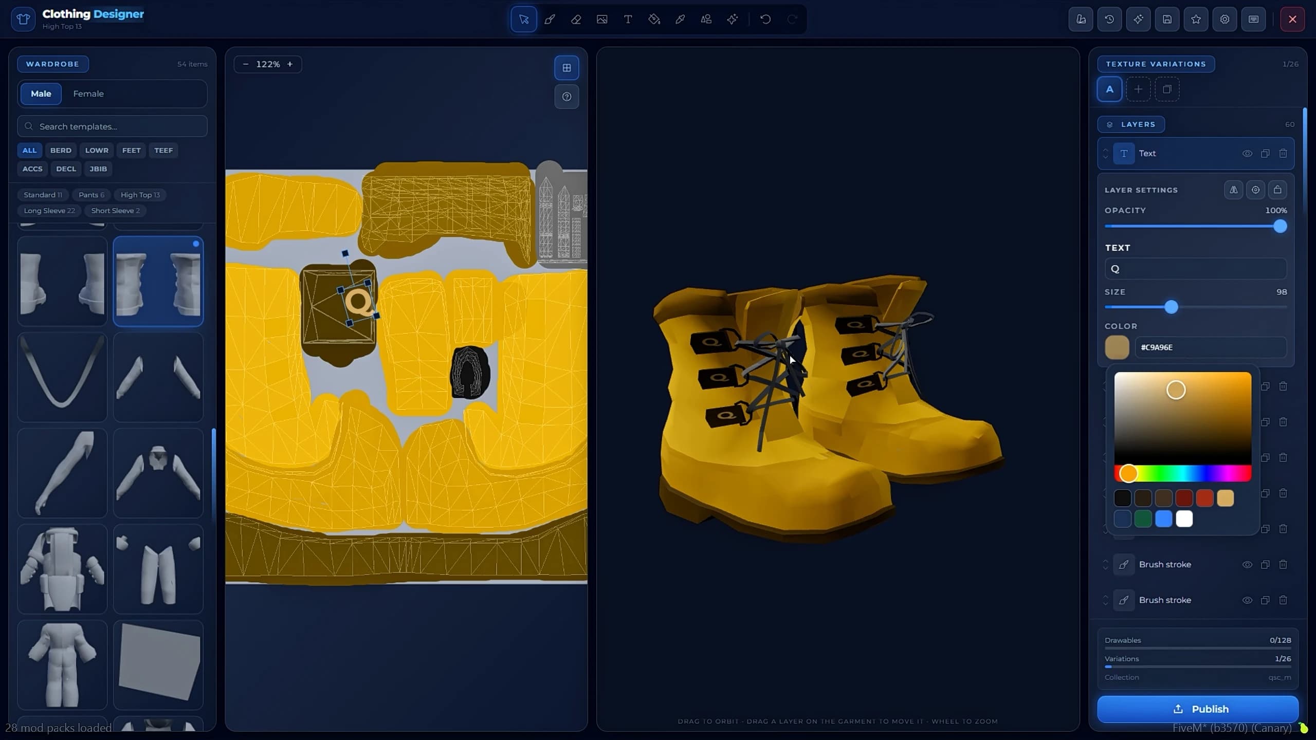 Quasar Clothing Creator FiveM script designing custom clothes in game on the UV map with live 3D preview