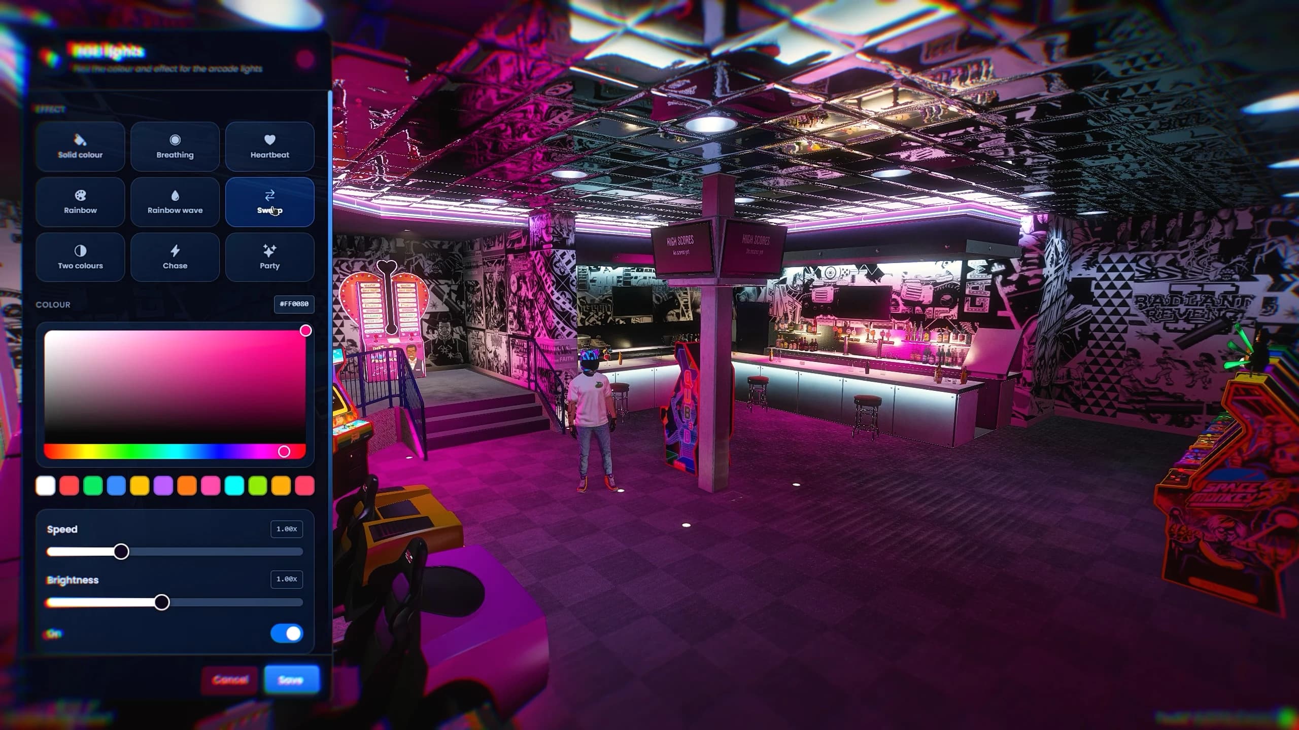 FiveM arcade RGB lighting panel adjusting colors, effects, speed and brightness in Quasar Arcade Creator]