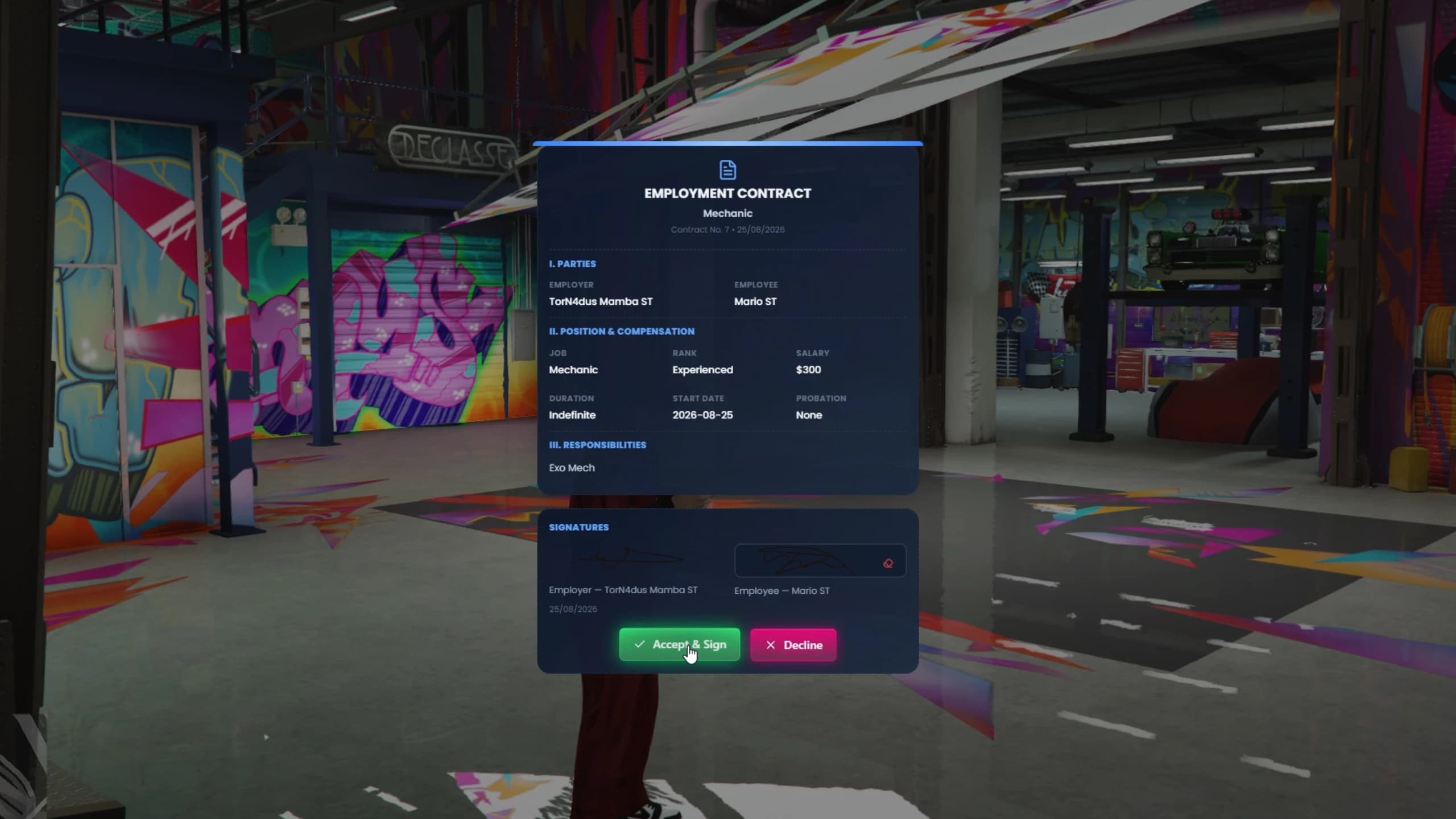 FiveM job management script showing an employee roster with ranks and salaries