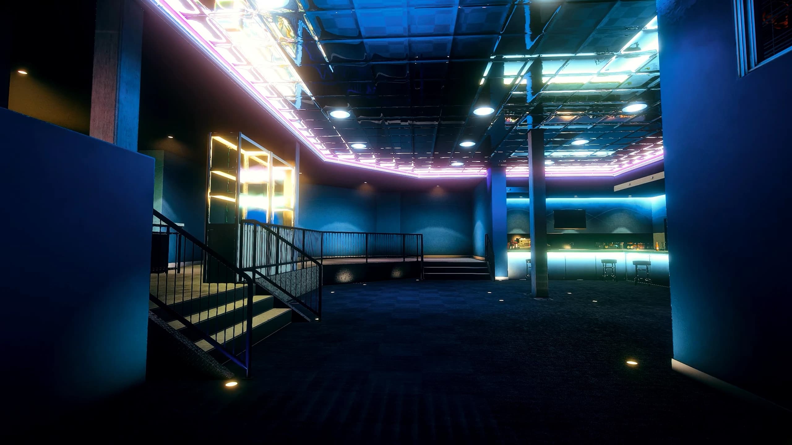 Quasar Arcade Creator FiveM arcade script showing a fully decorated GTA V arcade with native cabinets, RGB lighting and neon signs