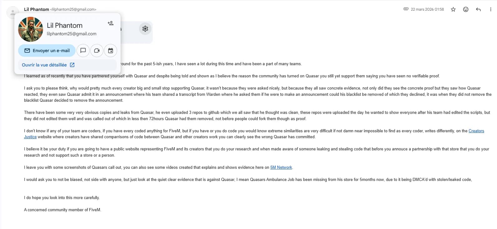 Email sent to TopV founder Ippo on 22 March 2026 from an address using the alias "Lil Phantom", urging him to drop his partnership with Quasar Store and citing Creator Justice and 5M Network as evidence, signed "A concerned community member of FiveM"