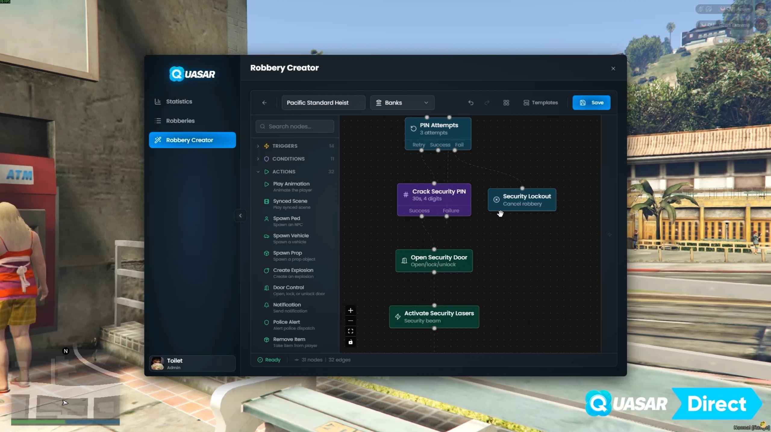 FiveM Robberies Creator using blueprint-style heist creation inspired by Unreal Engine, allowing custom robbery flows, multiple outcomes and advanced crime roleplay for ESX, QB, QBCore and QBox servers.
