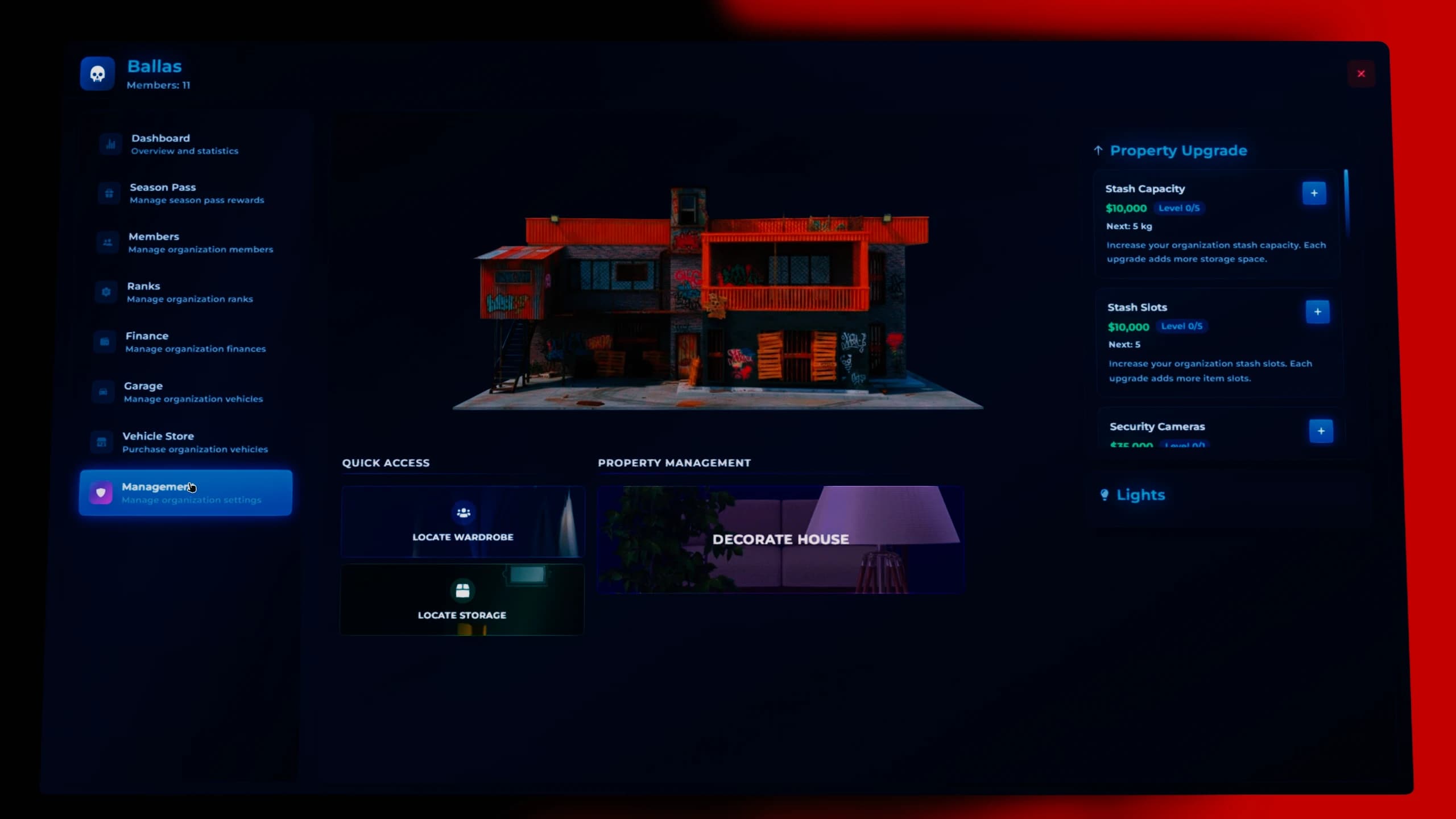 FiveM crime gang system interface displaying gang stats, missions, territory control and criminal organization management for ESX QBcore Qbox servers