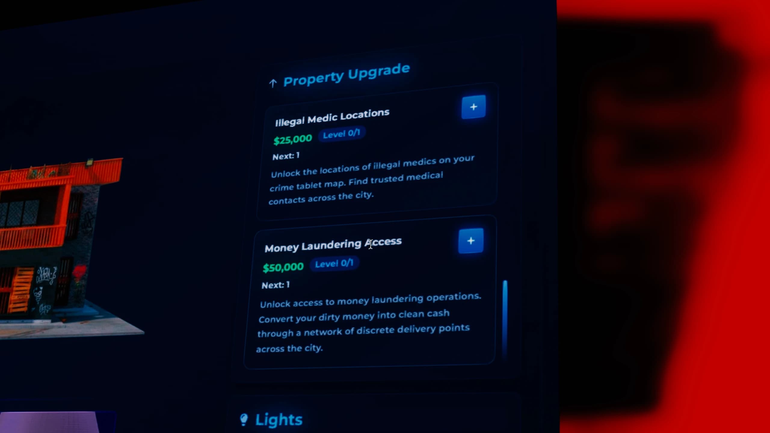 FiveM gang boss management menu showing organization rank control, gang permissions, vehicle purchases and headquarters upgrade system with stash levels and vehicle slots for ESX QBCore Qbox roleplay servers.