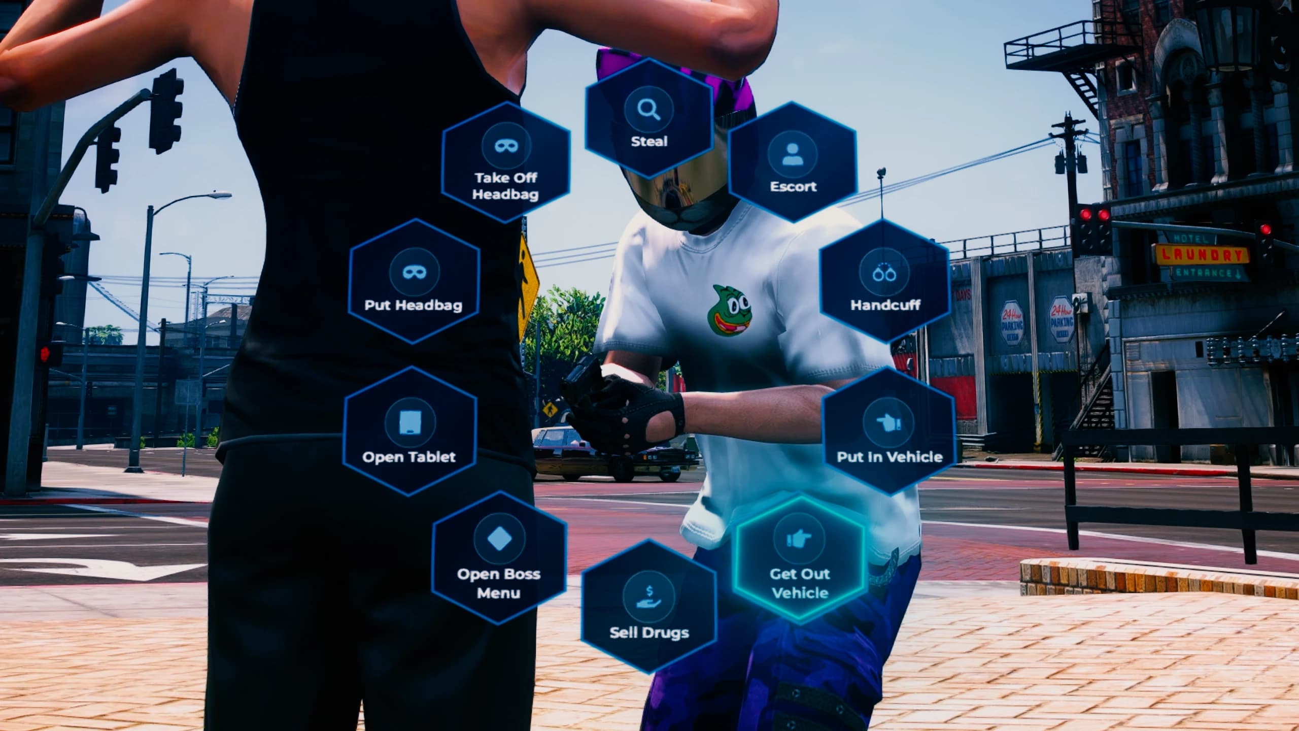 FiveM gang radial menu interface opened with F4 showing gang actions, organization management options and criminal interaction system for ESX QBCore Qbox roleplay servers.