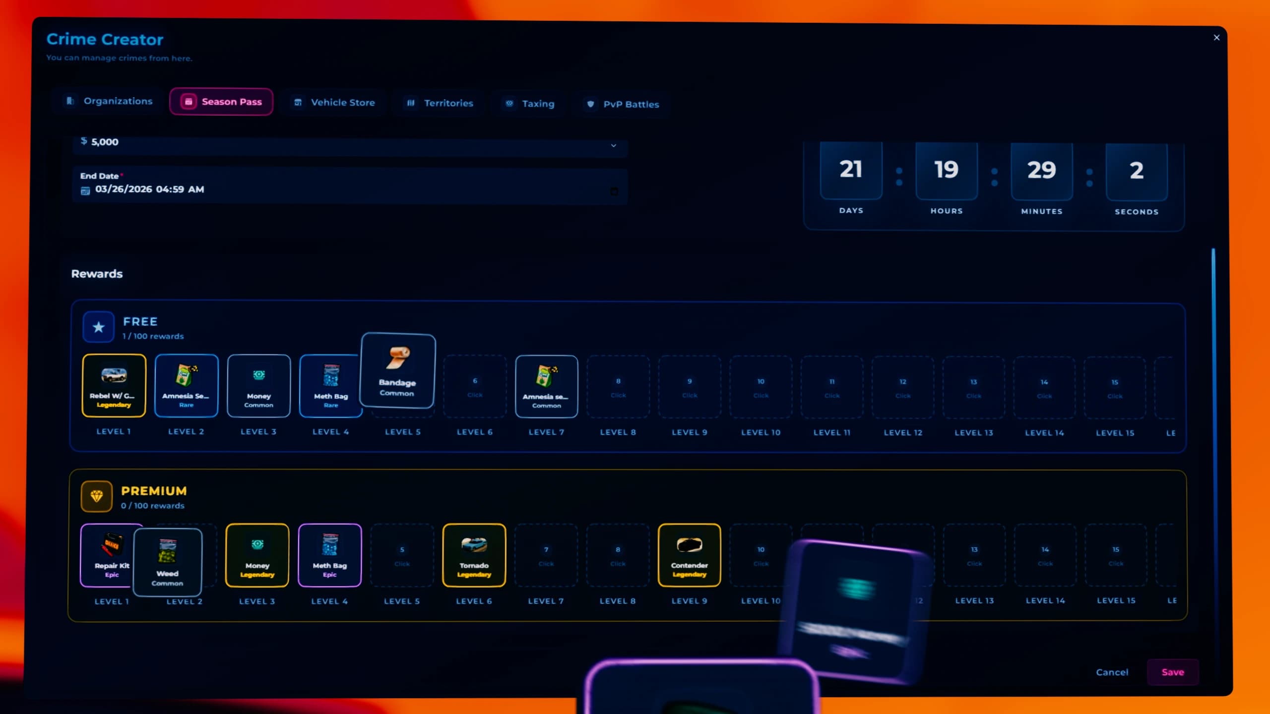 Quasar Crime Creator gang panel interface for FiveM showing criminal organization management, missions system and gang progression mechanics
