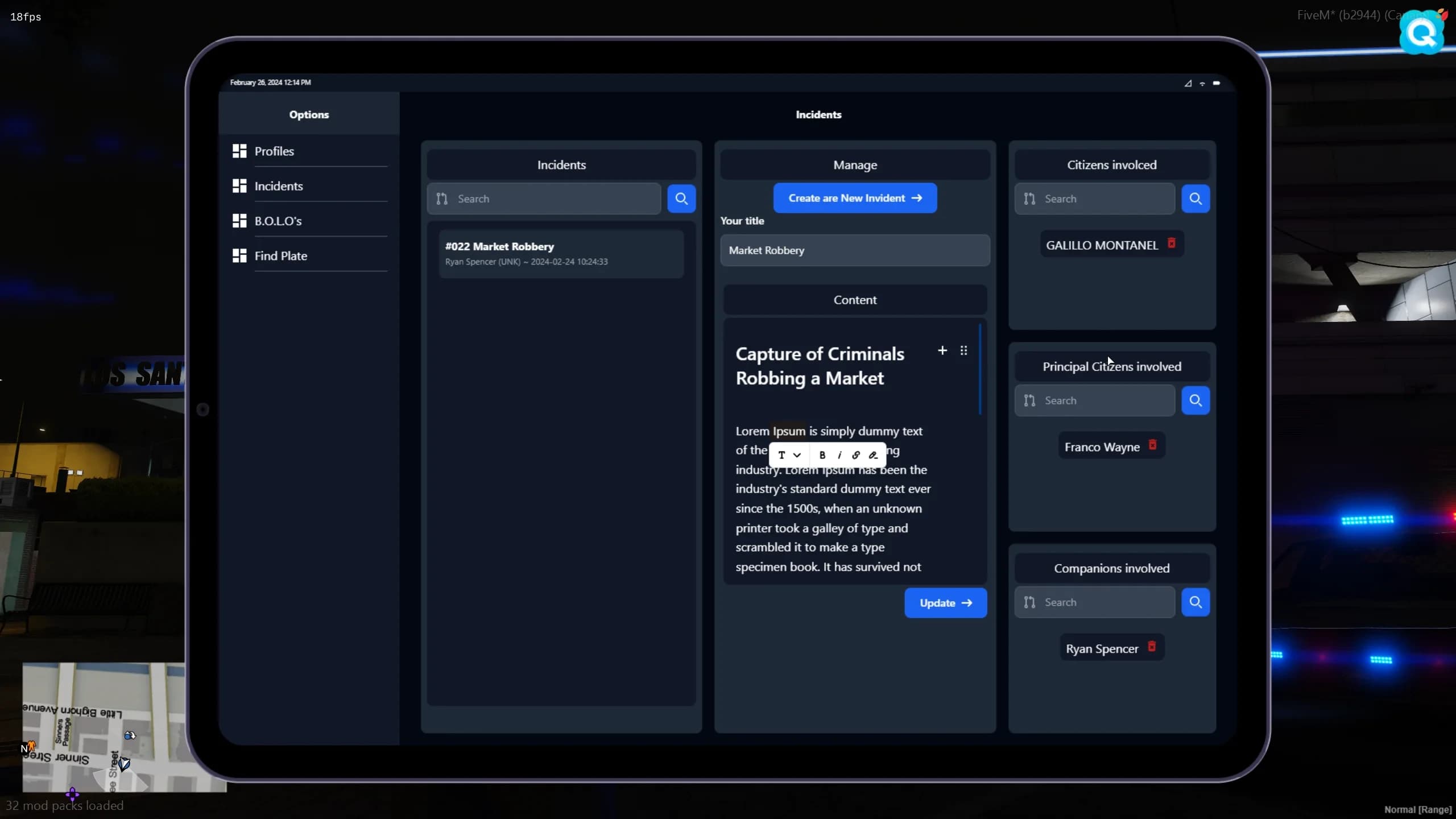 FiveM police MDT system records reports evidence database roleplay law enforcement interface