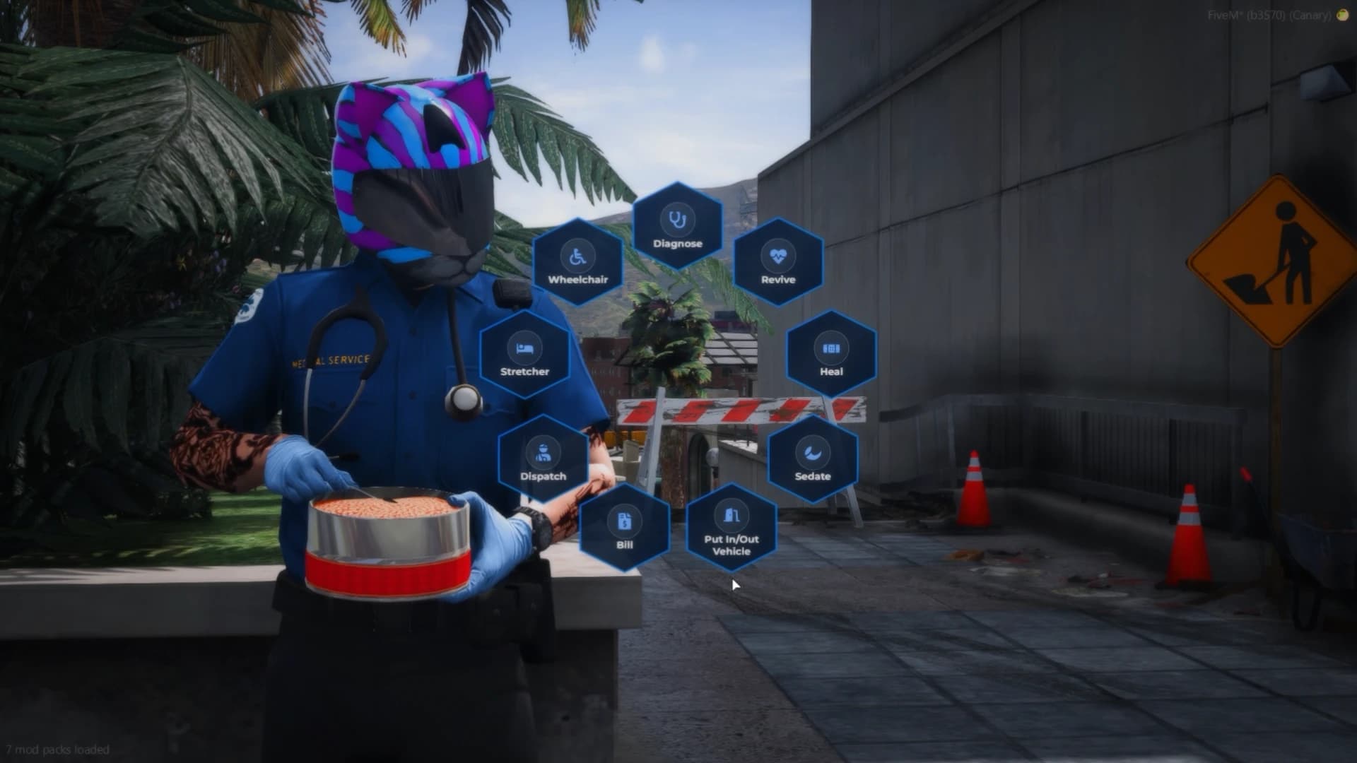 Advanced FiveM EMS personal menu with futuristic hex radial interface for ambulance jobs, paramedics and doctors using Quasar Medical Creator, modern medical interaction UI with revive system, treatment actions, wheelchair controls, stretcher interactions, emergency medical roleplay features, realistic hospital gameplay, immersive ambulance system for ESX QB-Core and Qbox FiveM servers.