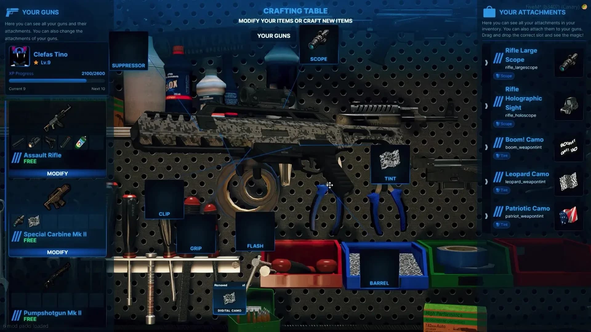 FiveM Quasar Crafting weapons attachments system item crafting roleplay server crafting