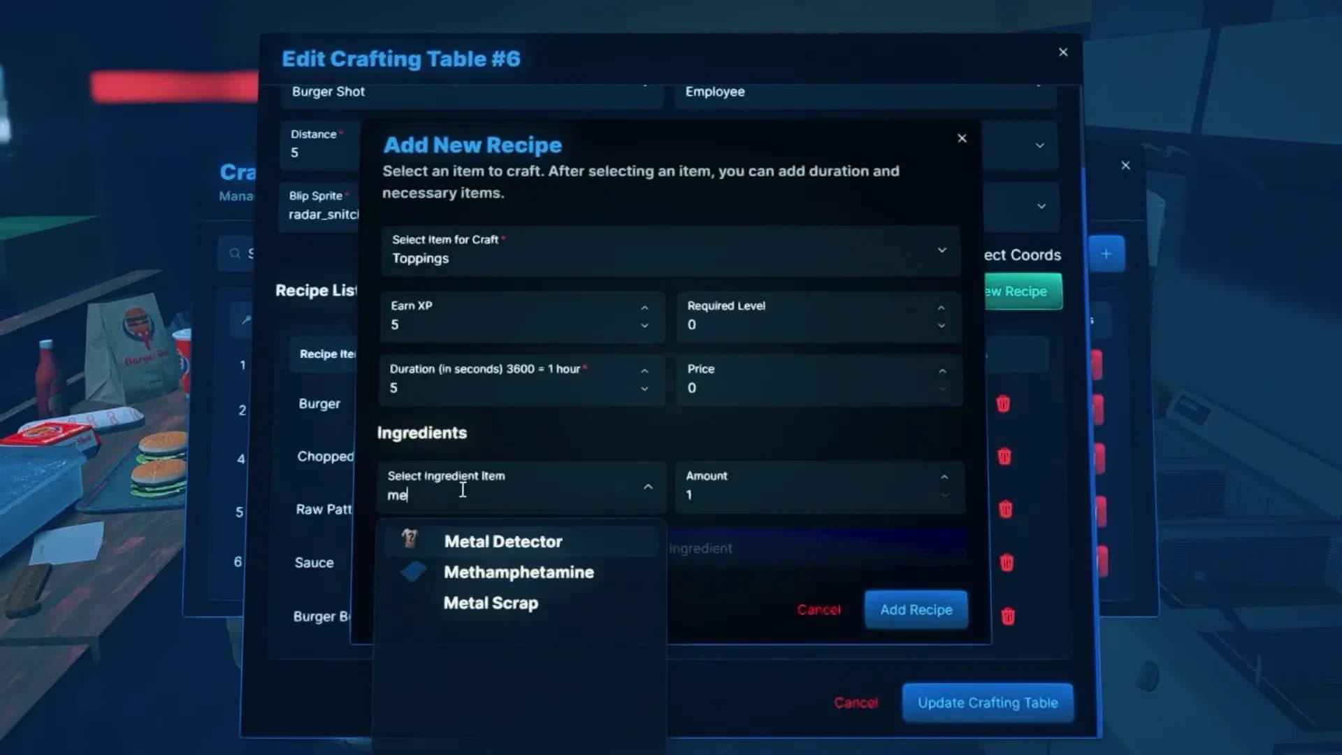 FiveM Quasar Crafting editor system in game recipe editing cooldowns XP roleplay crafting