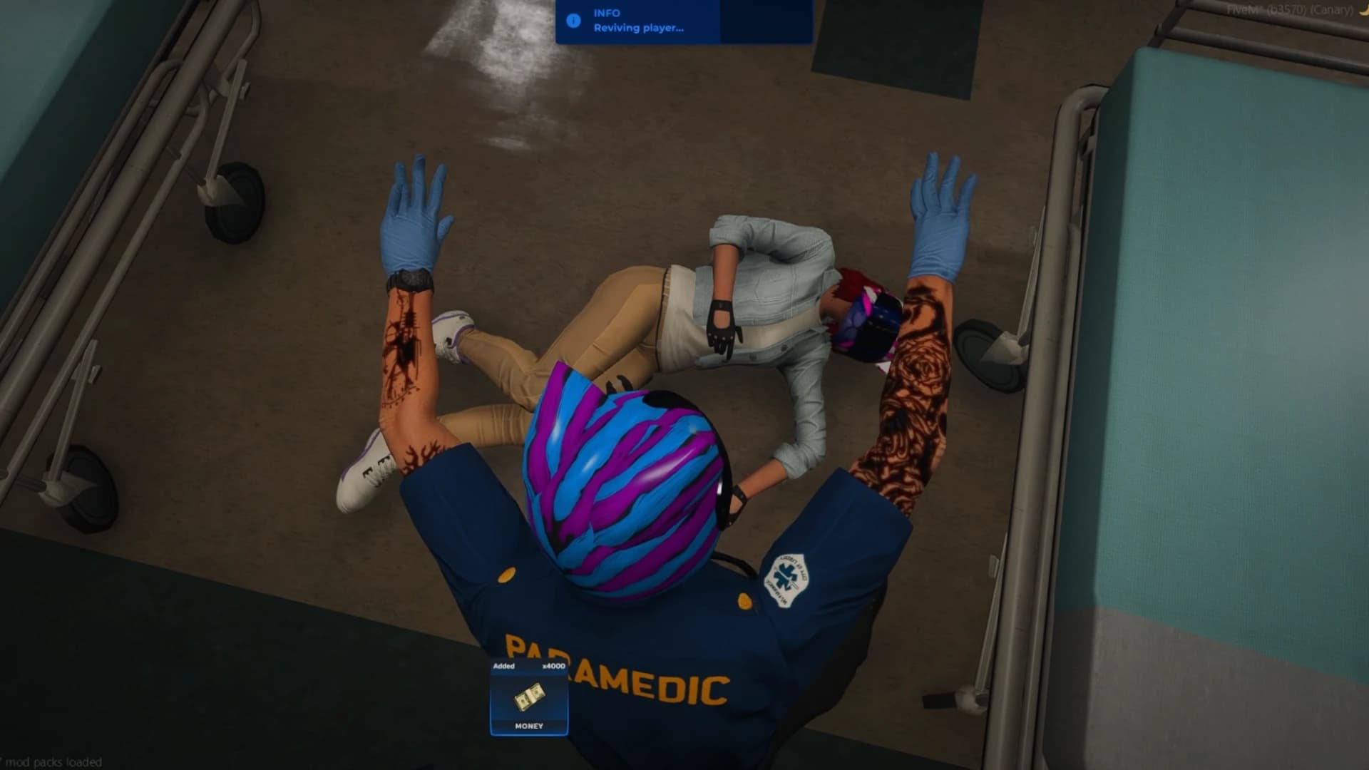 Realistic FiveM revive animation system inside Quasar Medical Creator, showing EMS paramedics reviving an injured player with immersive medical roleplay actions, advanced ambulance job interaction, emergency treatment animation, realistic player recovery system, hospital roleplay gameplay, modern FiveM medical script for ESX QB-Core and Qbox servers.