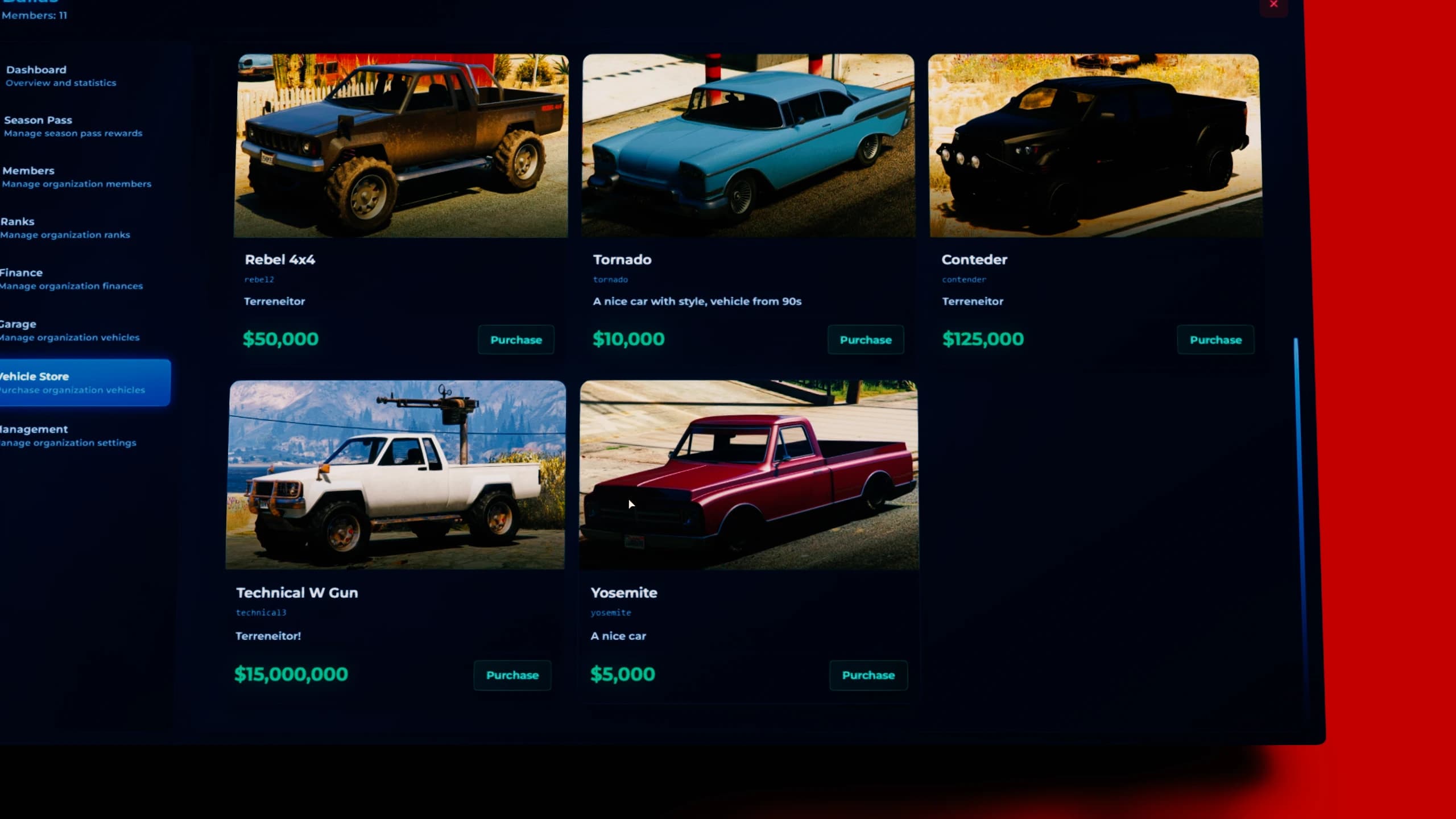 FiveM gang vehicle shop interface accessed through tablet showing mafia vehicle store, gang cars for sale, limited stock vehicles and crime organization transport system for ESX QBCore Qbox roleplay servers.