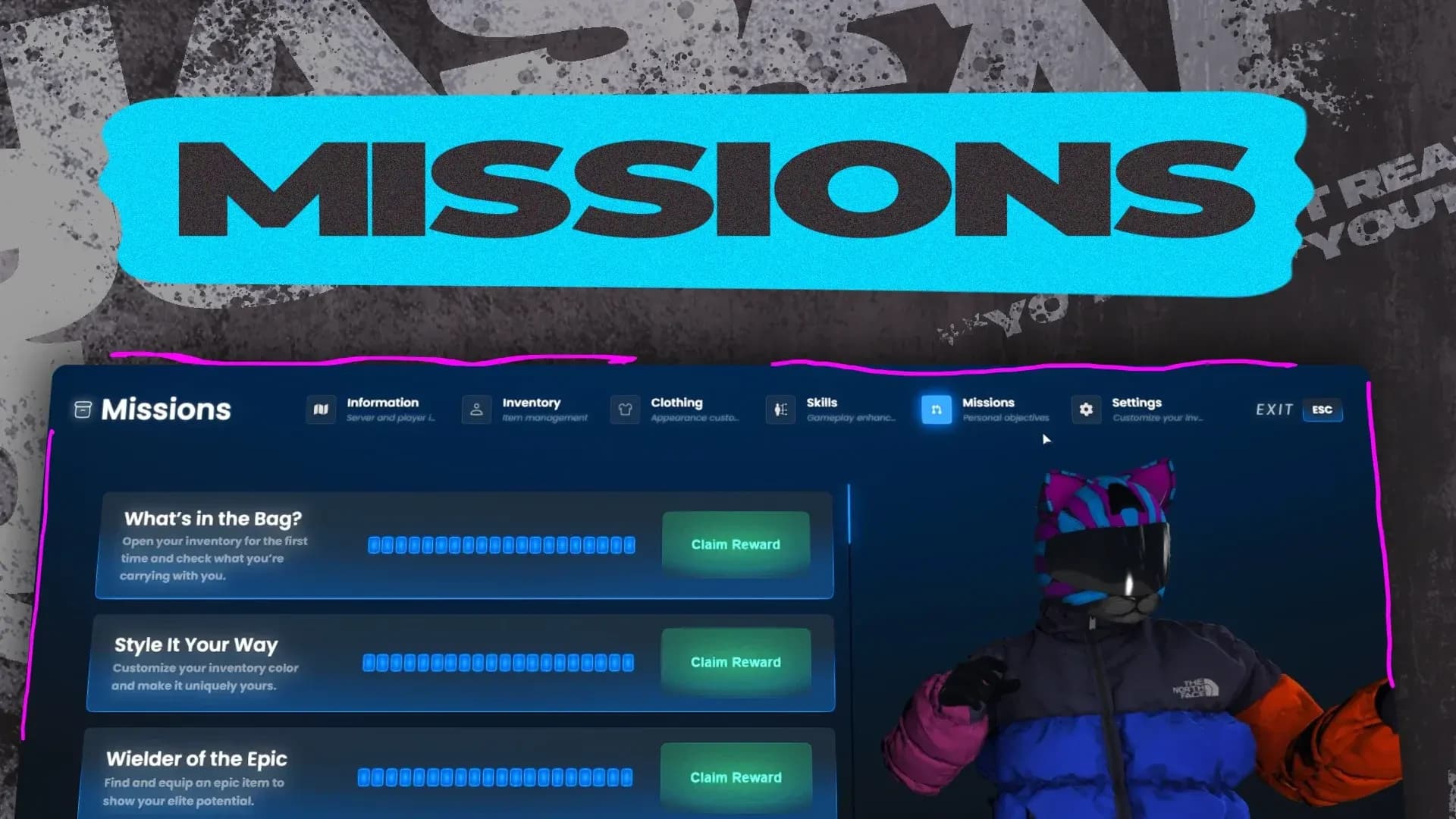 FiveM Quasar Inventory missions system escape menu objectives rewards progression roleplay UI