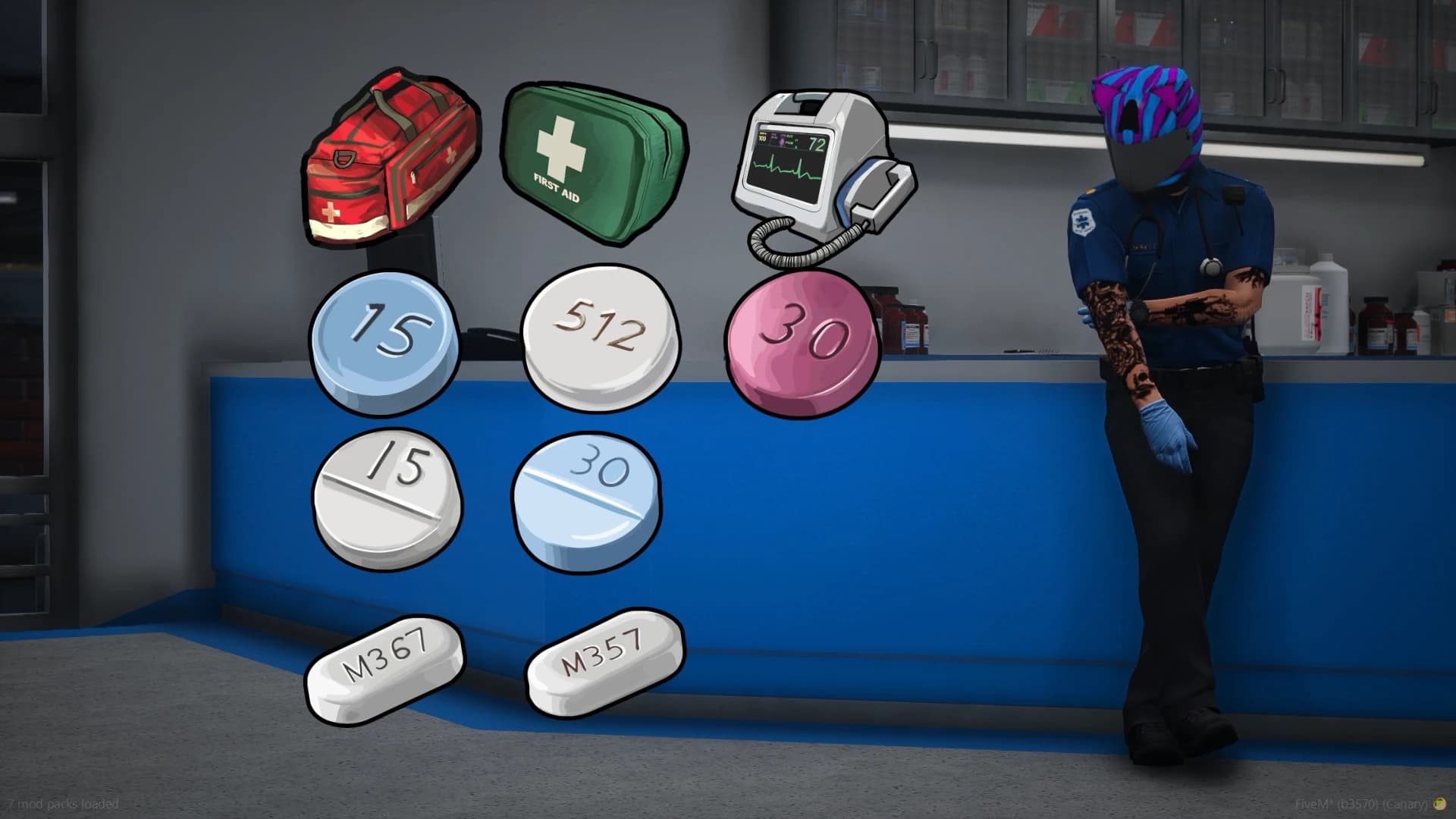 FiveM EMS backpack system with multiple usable medical items inside Quasar Medical Creator, realistic ambulance roleplay equipment, paramedic medical bag, advanced healing items, immersive hospital gameplay, emergency treatment tools, realistic EMS inventory system, modern medical script for ESX QB-Core and Qbox FiveM servers.