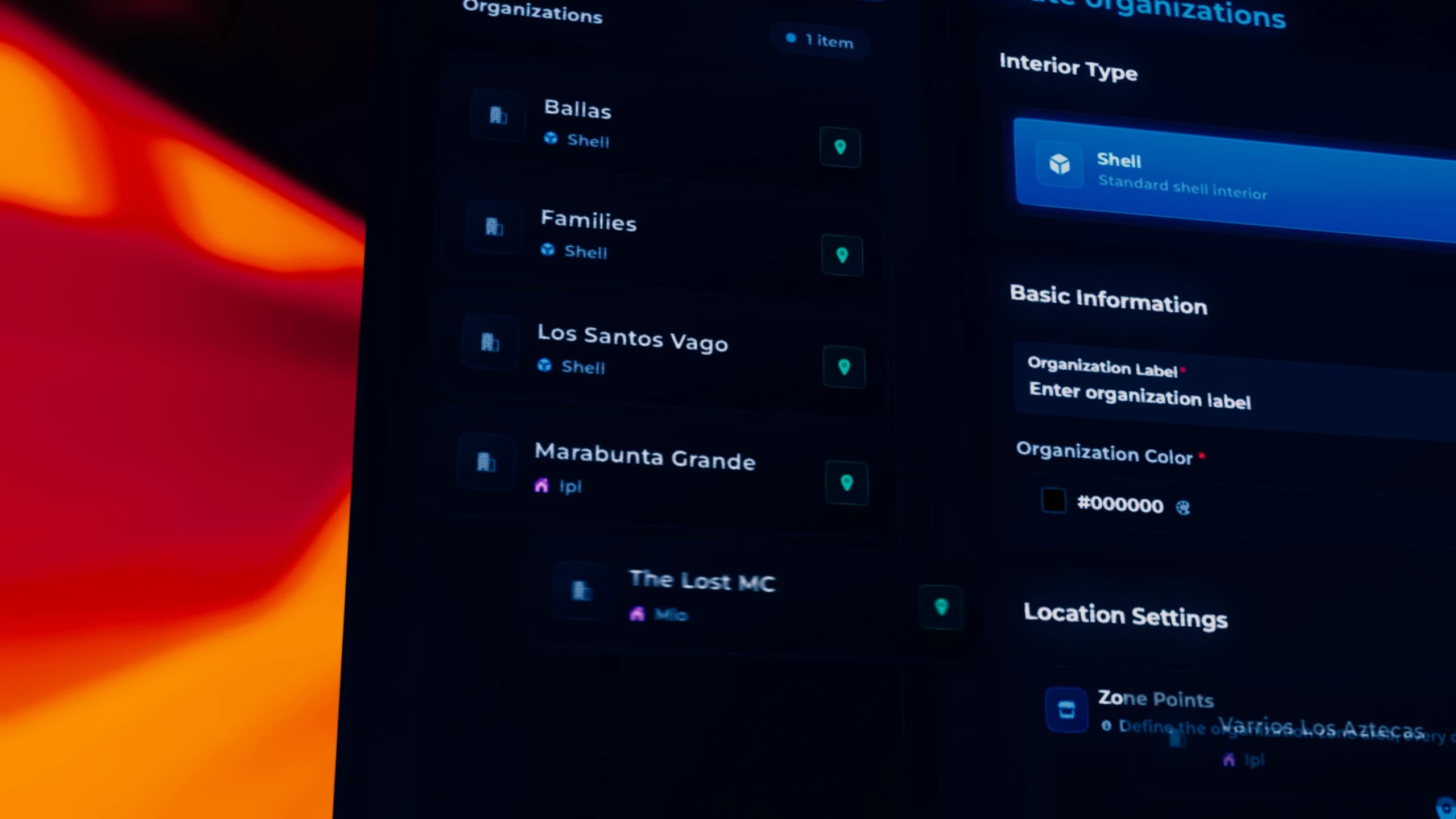 Advanced FiveM gang management dashboard from Quasar Crime Creator showing gang system UI, missions, territories and criminal progression for ESX, QBcore and Qbox roleplay servers