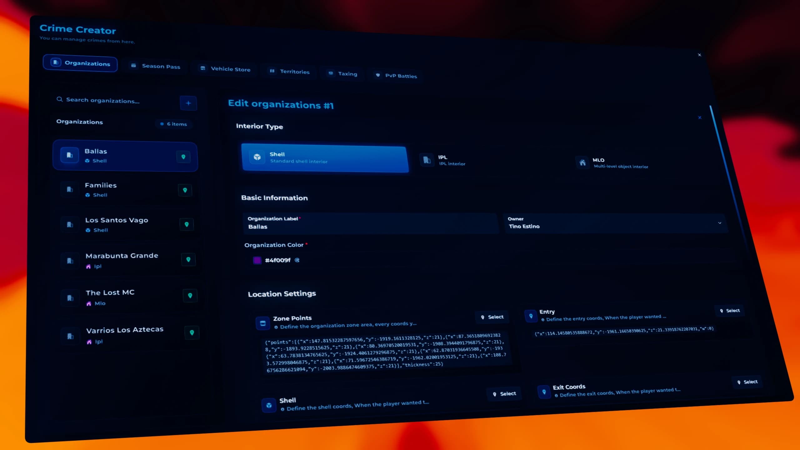 FiveM gangs creator system allowing servers to create custom gangs, territories, missions and criminal organizations directly in-game with advanced gang management tools.