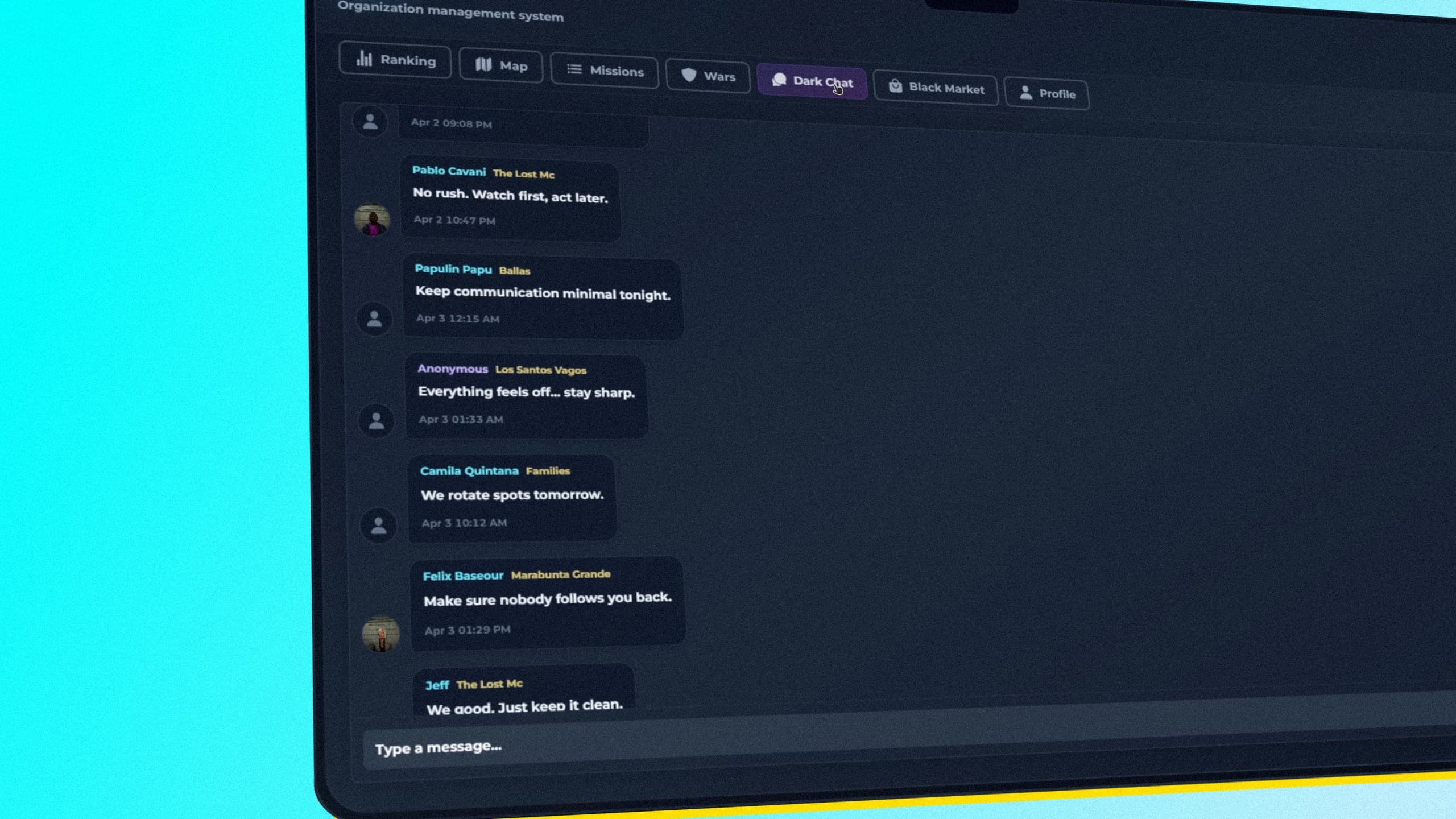 fivem dark chat system secure gang communication esx qb qbcore qbox private chat crime roleplay gangs system