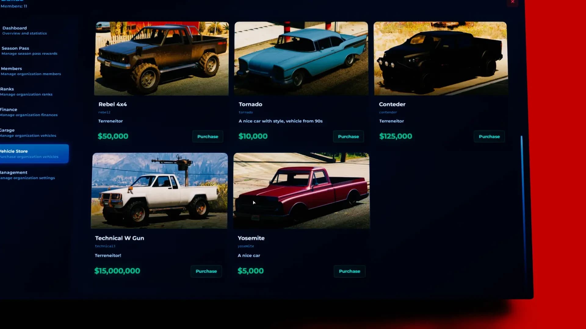 FiveM Quasar Crime Creator vehicle shop system gang vehicles stock limited unlimited roleplay economy gangs