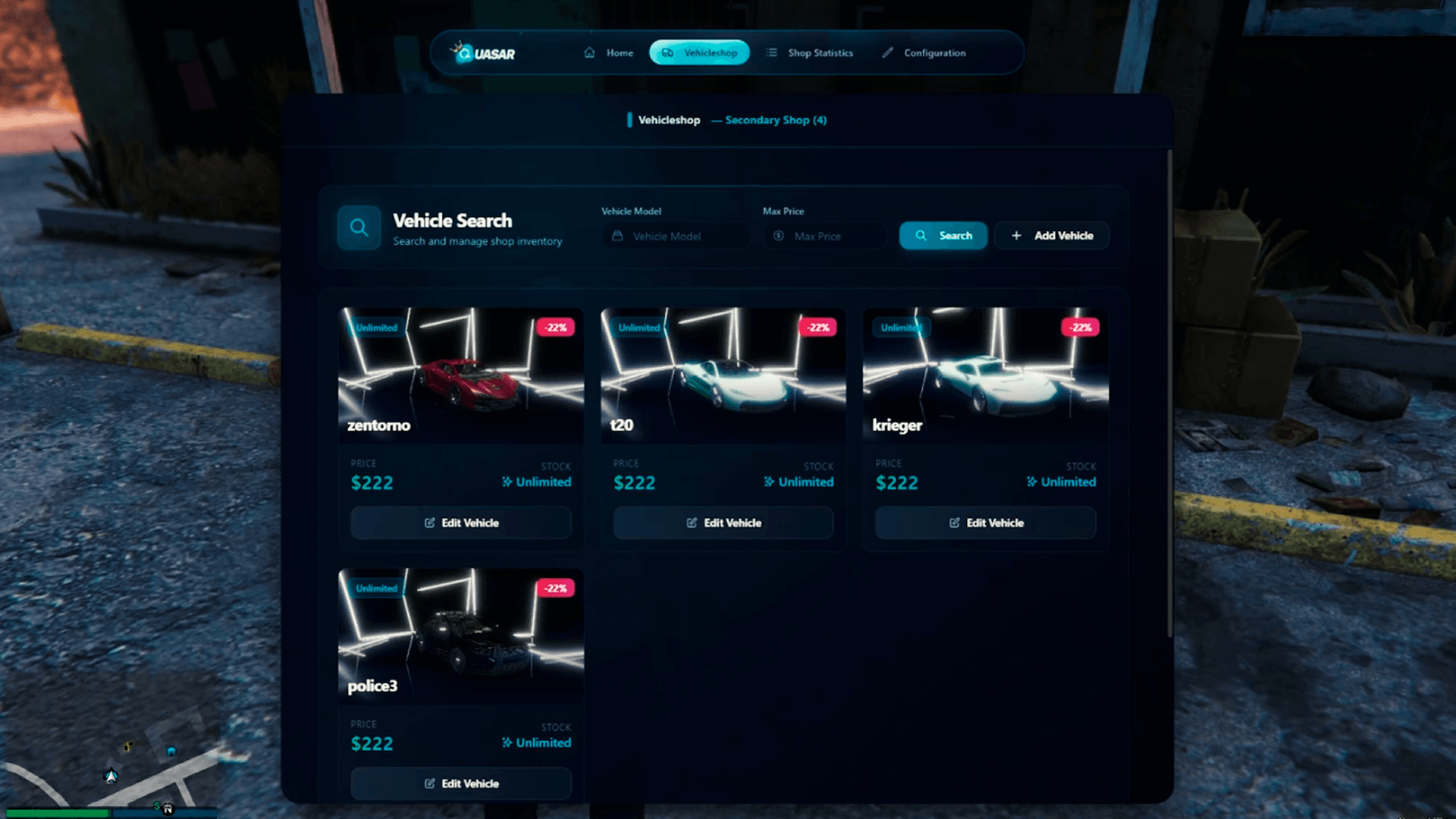 FiveM Quasar Vehicle Shop stock pricing management system dealership inventory control roleplay