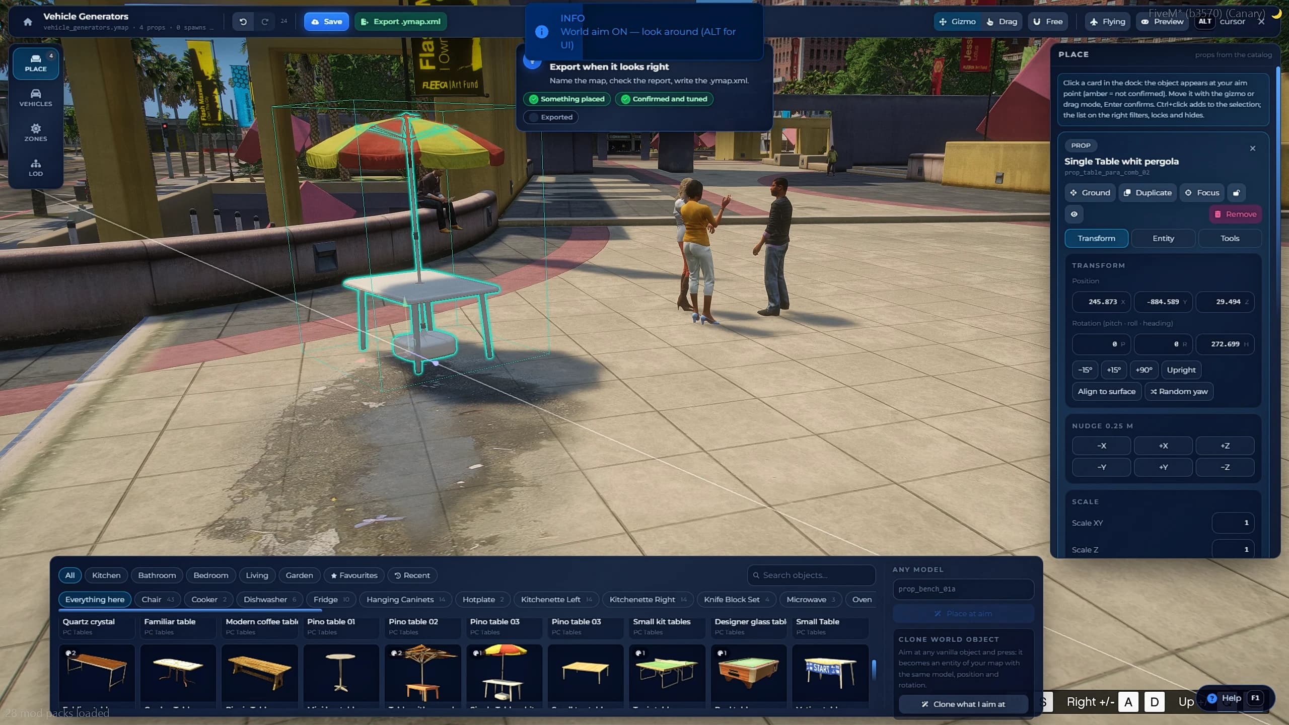 FiveM Ymap Creator placing props, parked vehicles and a weather zone outdoors using the free camera