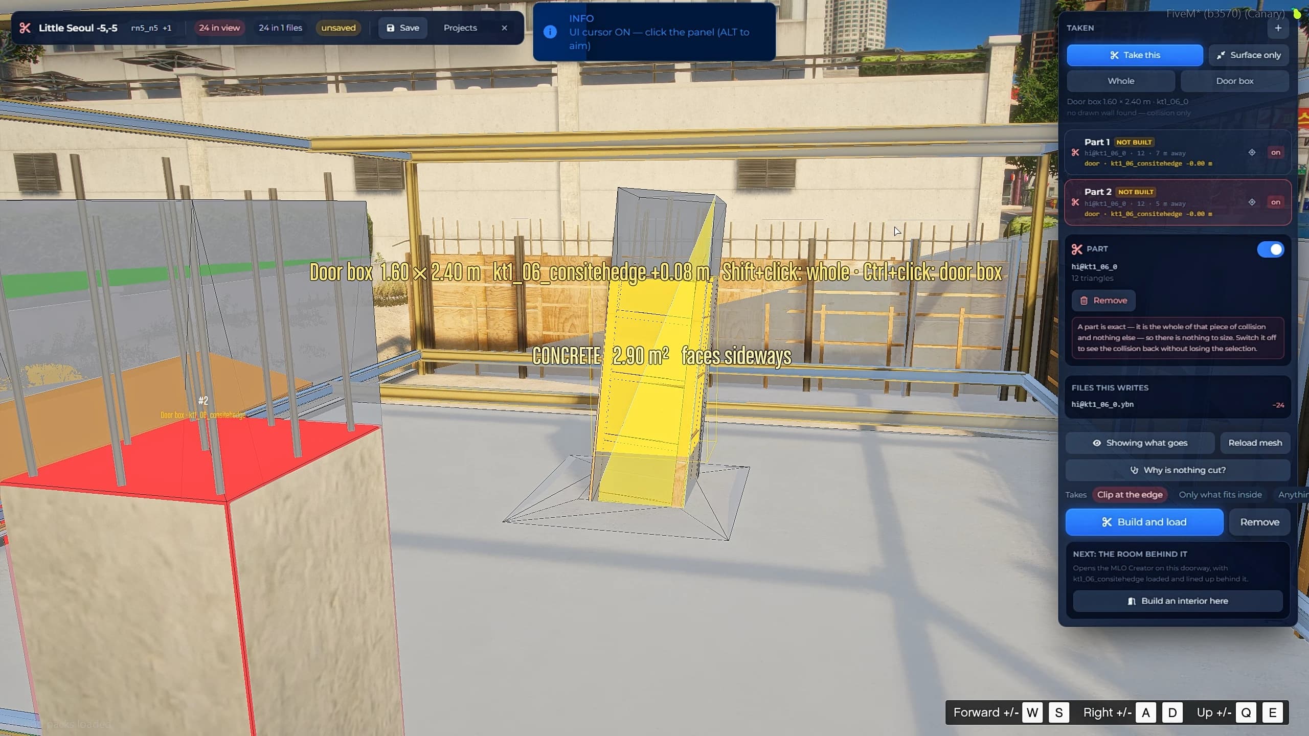 FiveM Collision Cutter highlighting a sealed building door in yellow before cutting it open